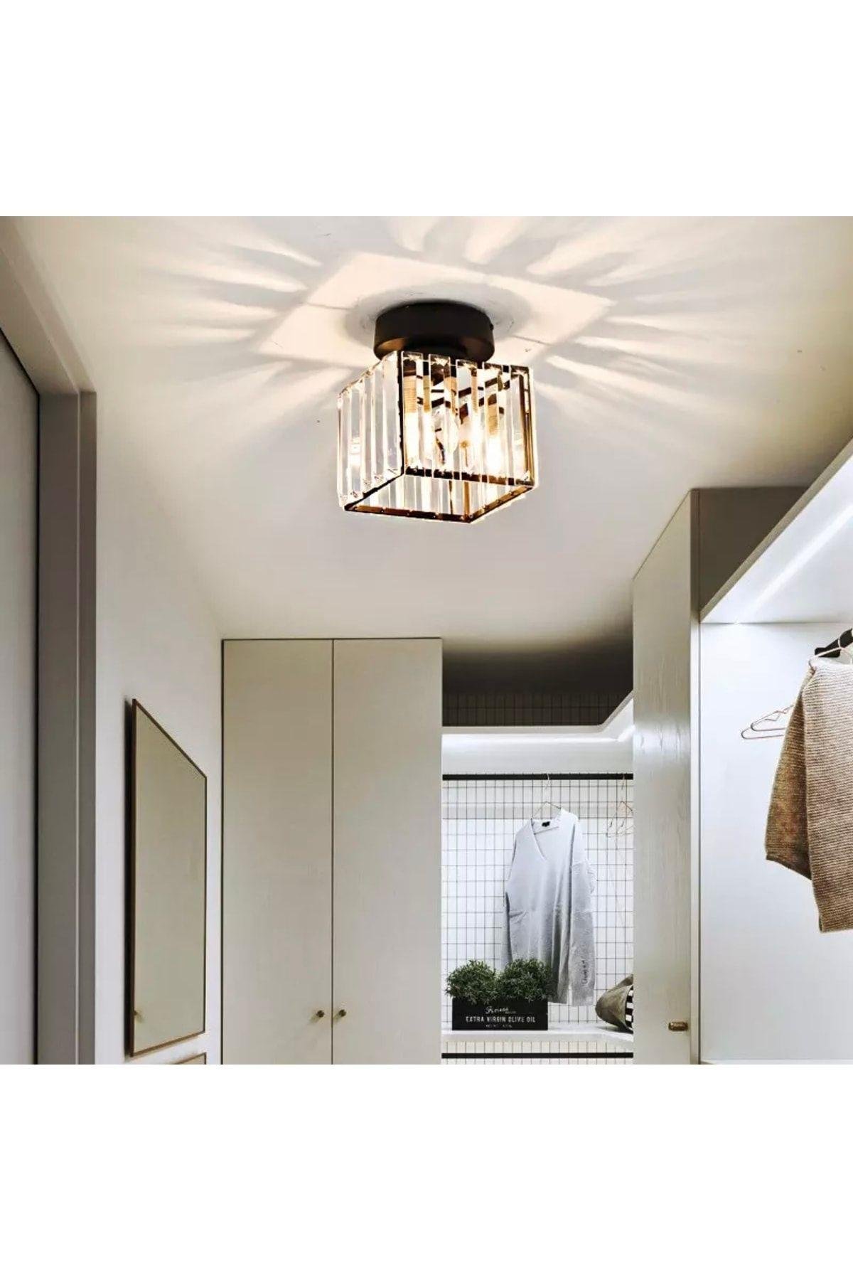 Luxury Plafonyer Tavan Kristal Taşlı Avize Kare Hol Avize Siyah