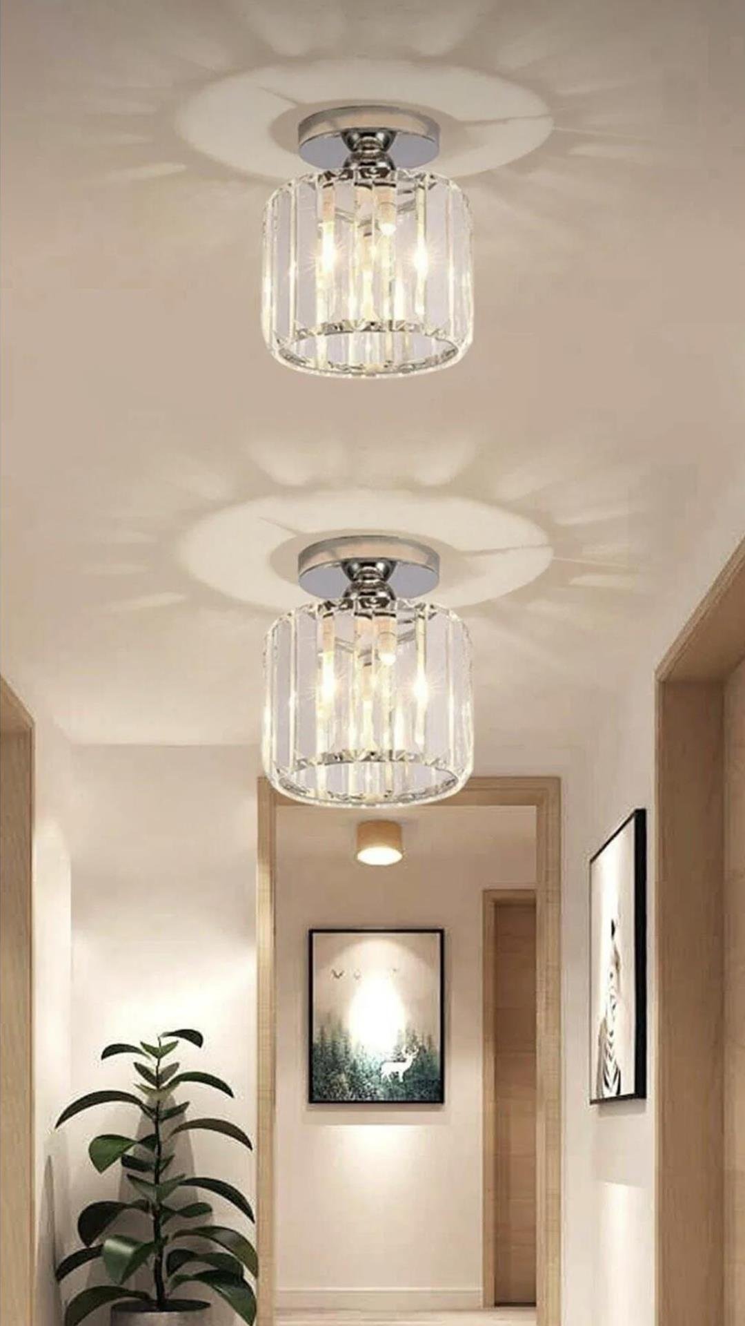 Luxury Plafonyer Tavan Kristal Taşlı Avize Hol Avize Krom Gövde