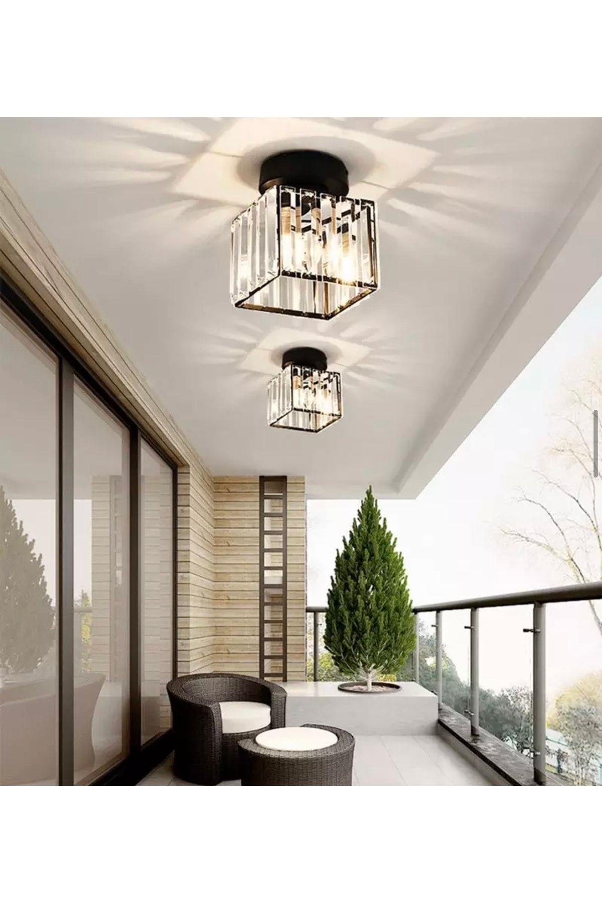 Luxury Plafonyer Tavan Kristal Taşlı Avize Kare Hol Avize Siyah