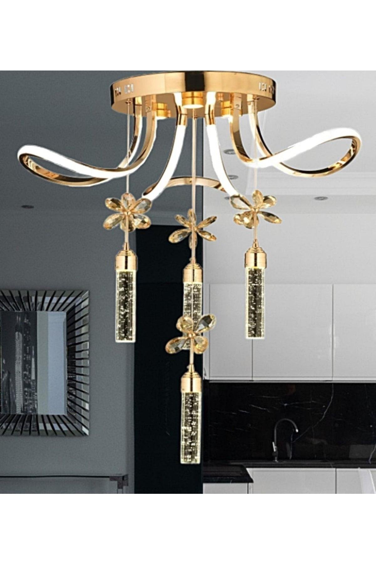 Luxury Postmodern Kristal Taşlı Sarkıt Kelebek Taşlı Led Avize Gold Sarı