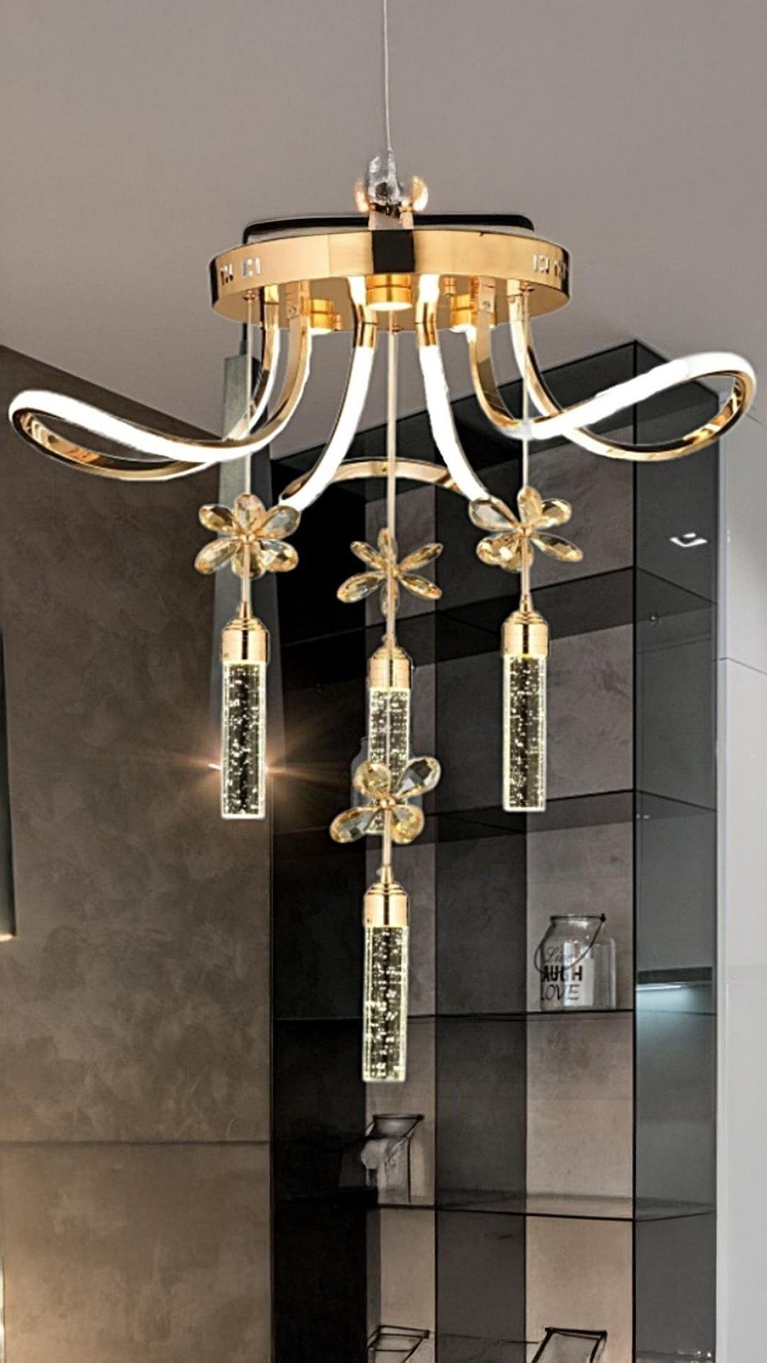 Luxury Postmodern Kristal Taşlı Sarkıt Kelebek Taşlı Led Avize Gold Sarı