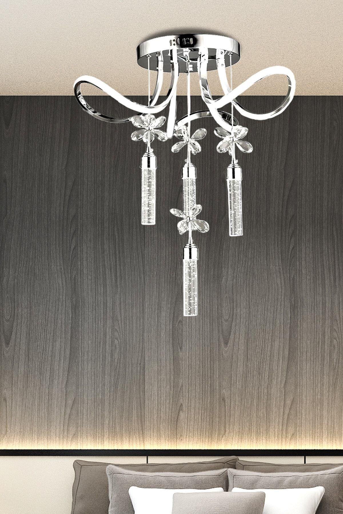 Luxury Postmodern Kristal Taşlı Sarkıt Led Avize Krom