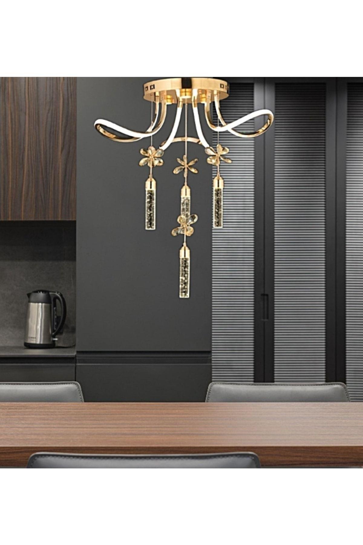 Luxury Postmodern Kristal Taşlı Sarkıt Kelebek Taşlı Led Avize Gold Sarı