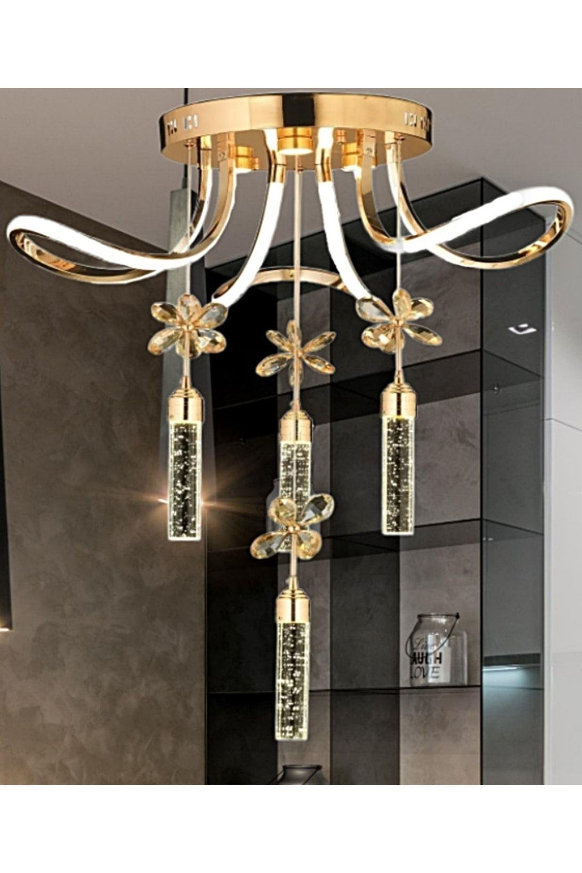 Luxury Postmodern Kristal Taşlı Sarkıt Kelebek Taşlı Led Avize Gold Sarı