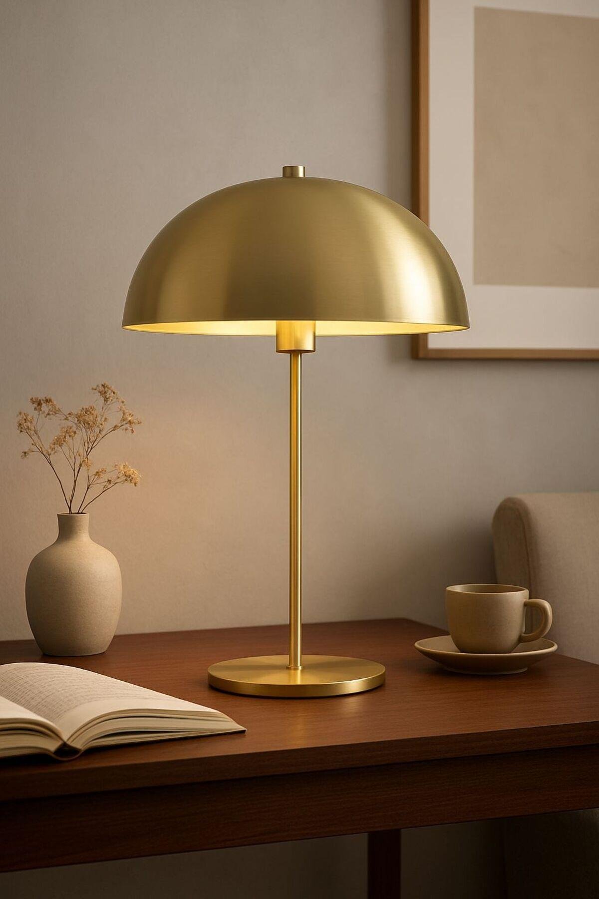 Modern Abajur Dekoratif Şık Masa Lambası Eskitme Gold Sarı Metal Gövde