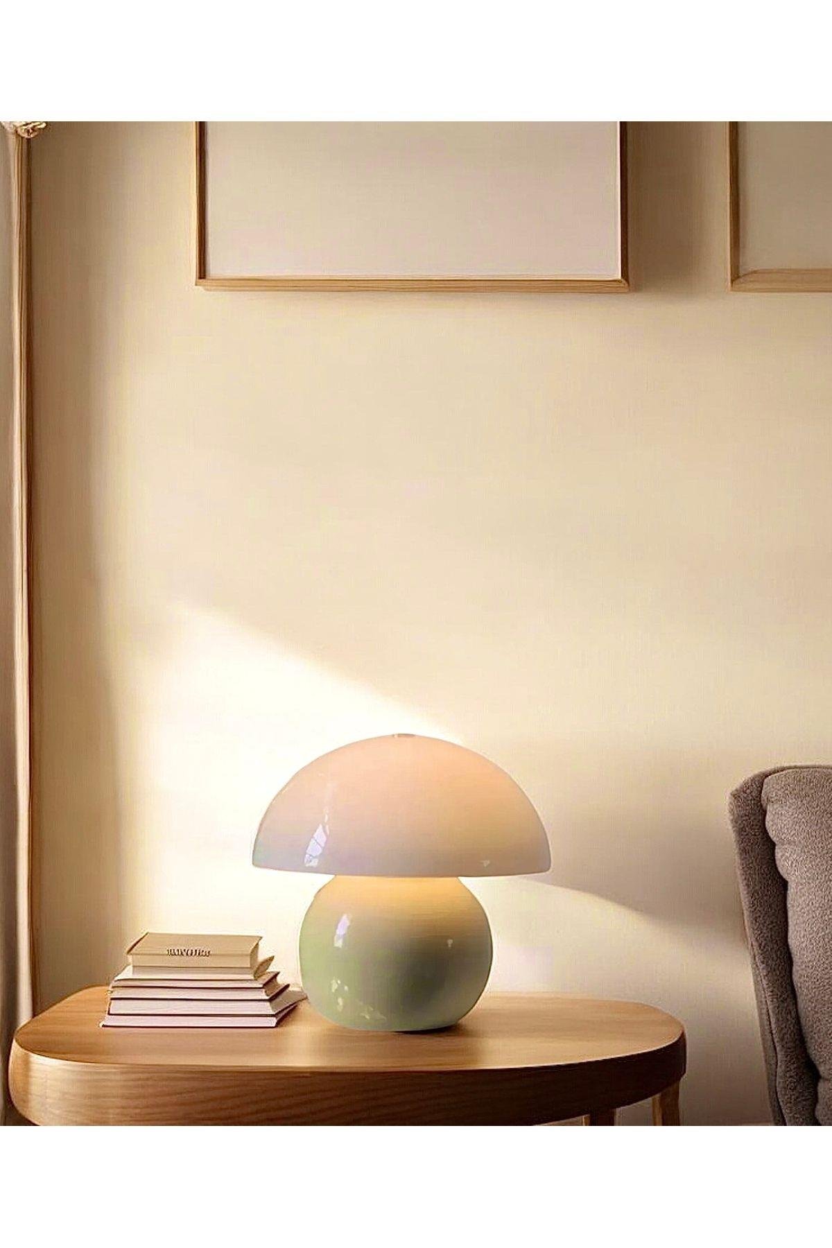 Modern Abajur Krem Mushroom Masa Lambası Metal Şapka Metal Gövde