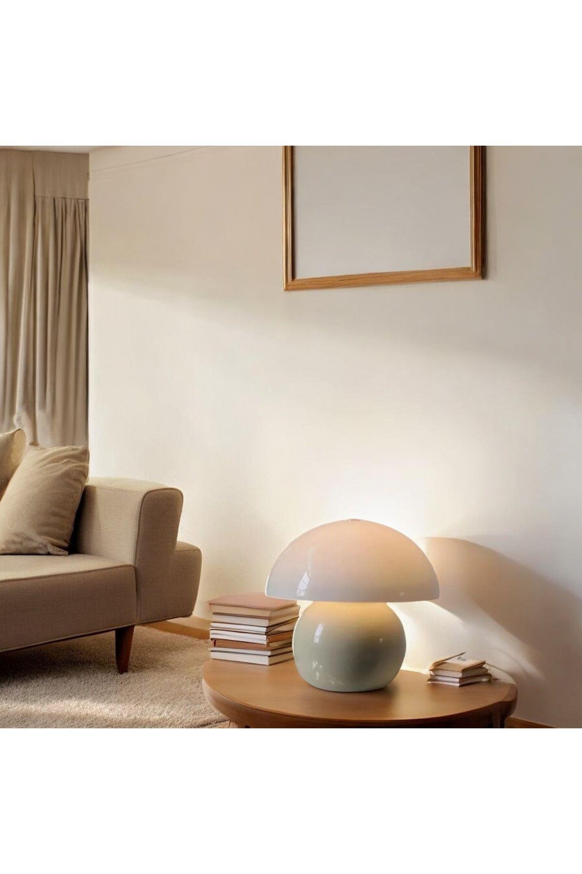 Modern Abajur Krem Mushroom Masa Lambası Metal Şapka Metal Gövde