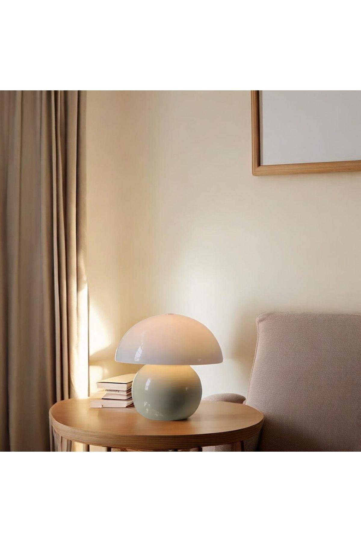 Modern Abajur Krem Mushroom Masa Lambası Metal Şapka Metal Gövde
