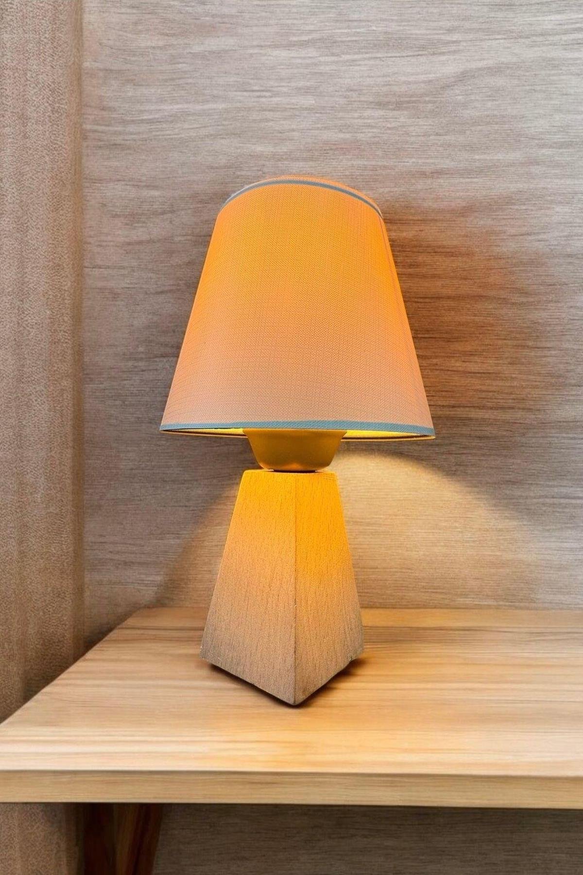 Modern Abajur Krem Şapkalı El Yapımı Doğal Ahşap Gövde Abajur Masa Lambası