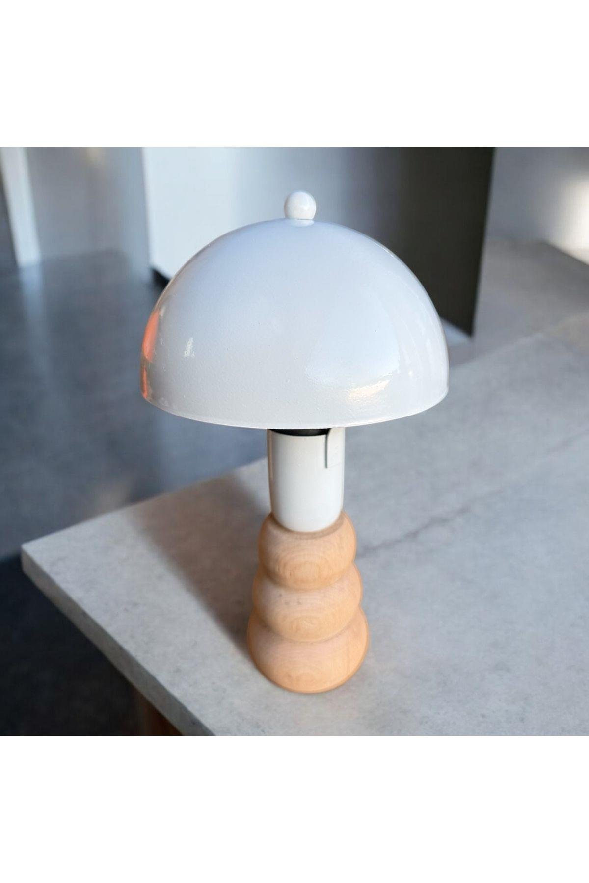 Modern Abajur Masa Lambası Ahşap Detaylı Abajur Beyaz Abajurlı