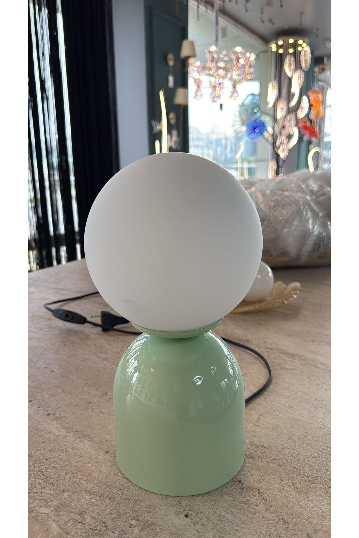Modern Abajur Mint Green Beyaz Glop Camlı Masa Lambası