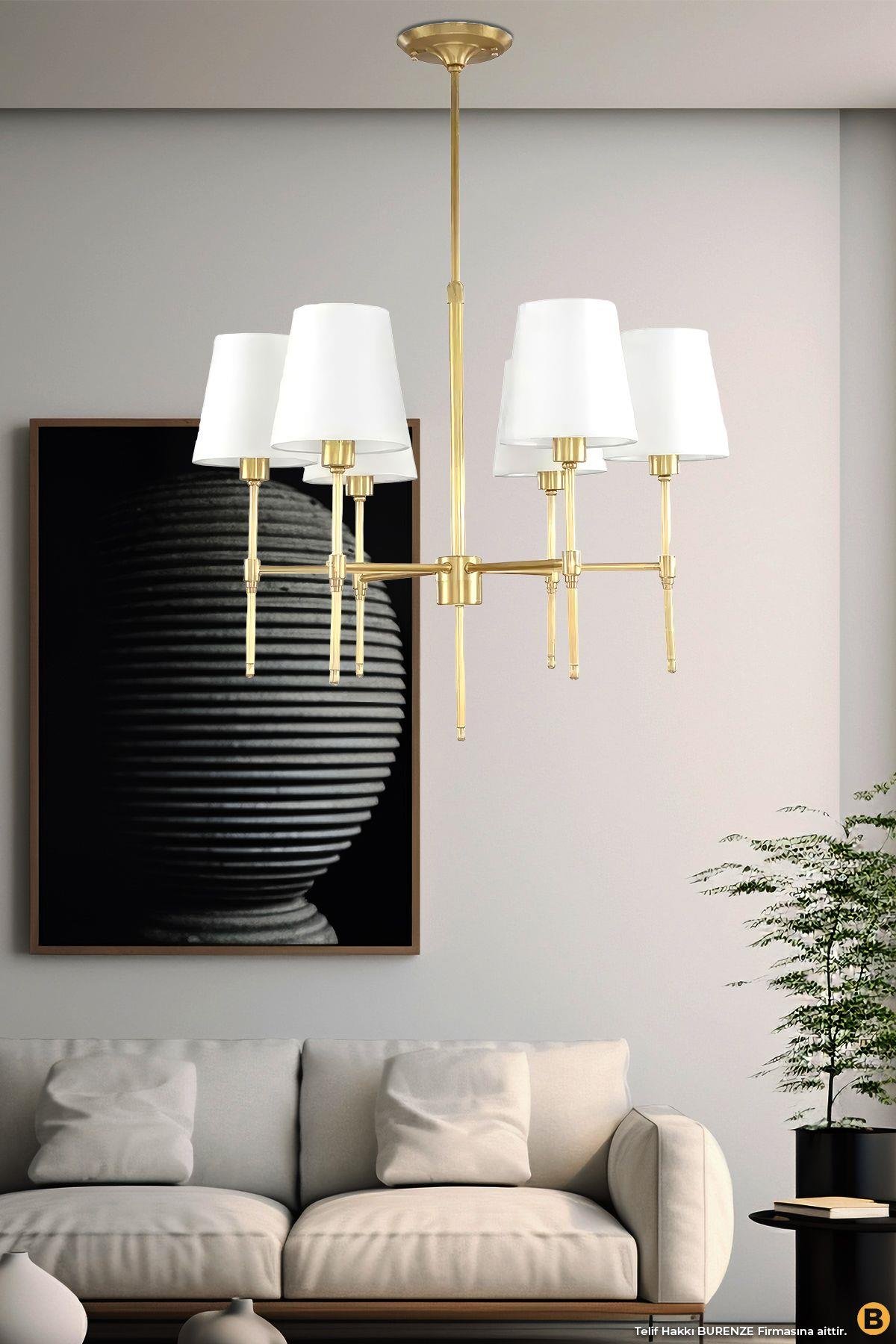 Modern Avize 6 lı Eskitme Gold Avize Krem Abajur Şık Görsellik Katar