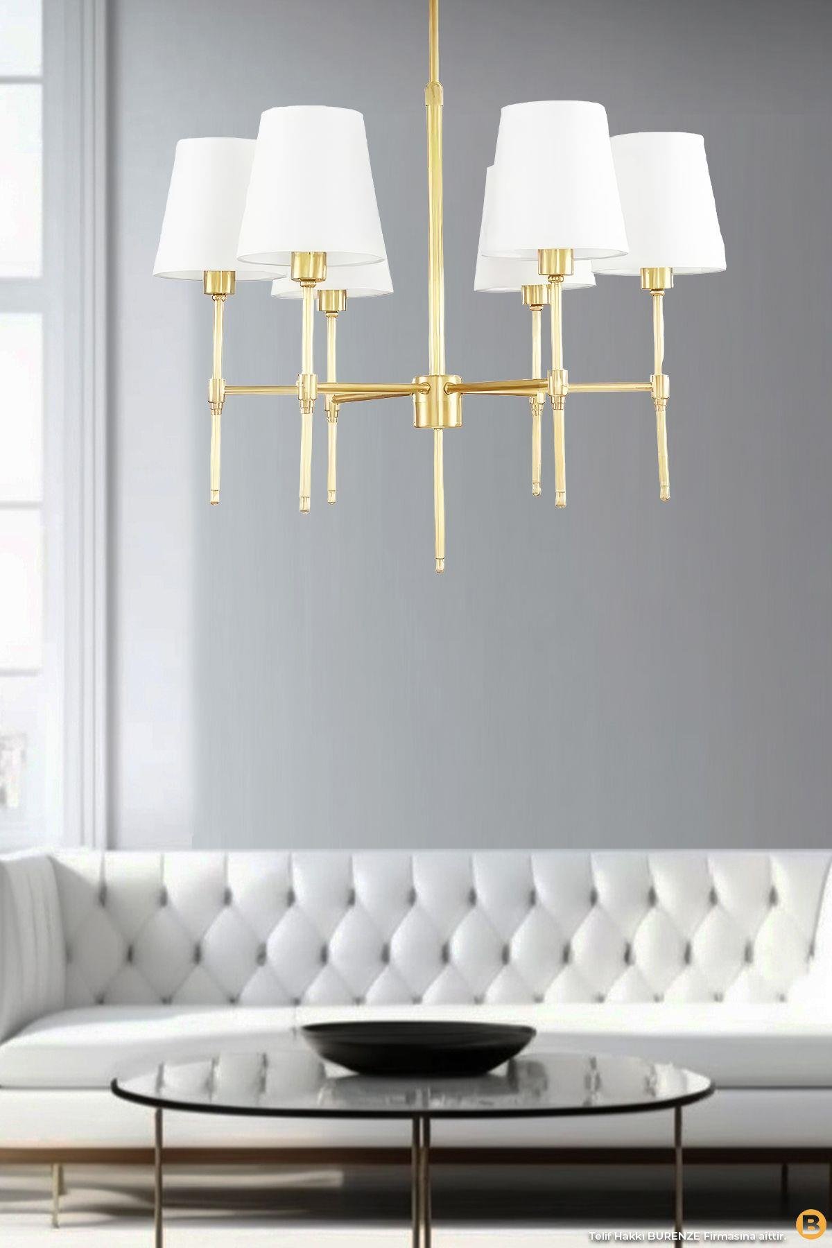 Modern Avize 6 lı Eskitme Gold Avize Krem Abajur Şık Görsellik Katar