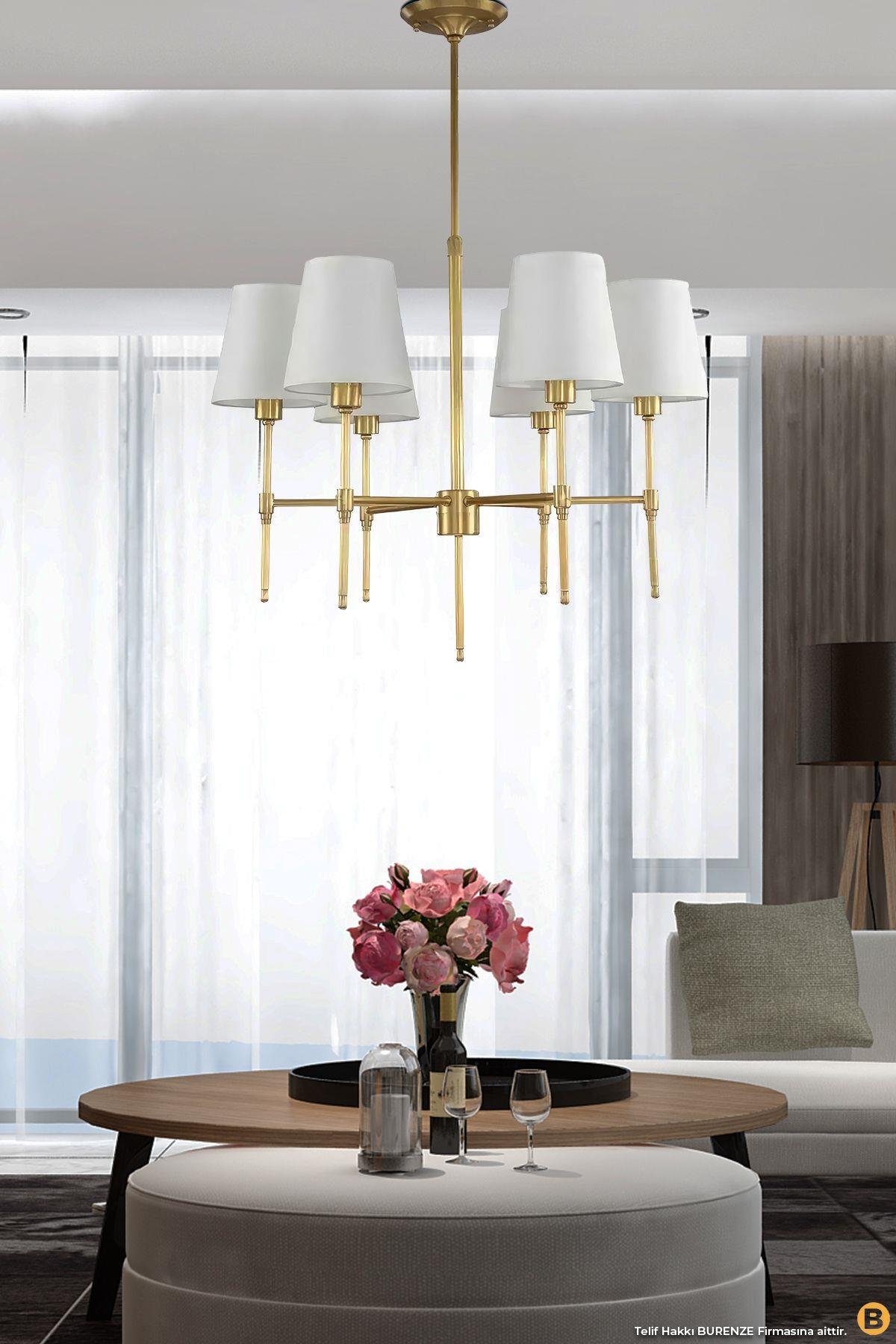 Modern Avize 6 lı Eskitme Gold Avize Krem Abajur Şık Görsellik Katar