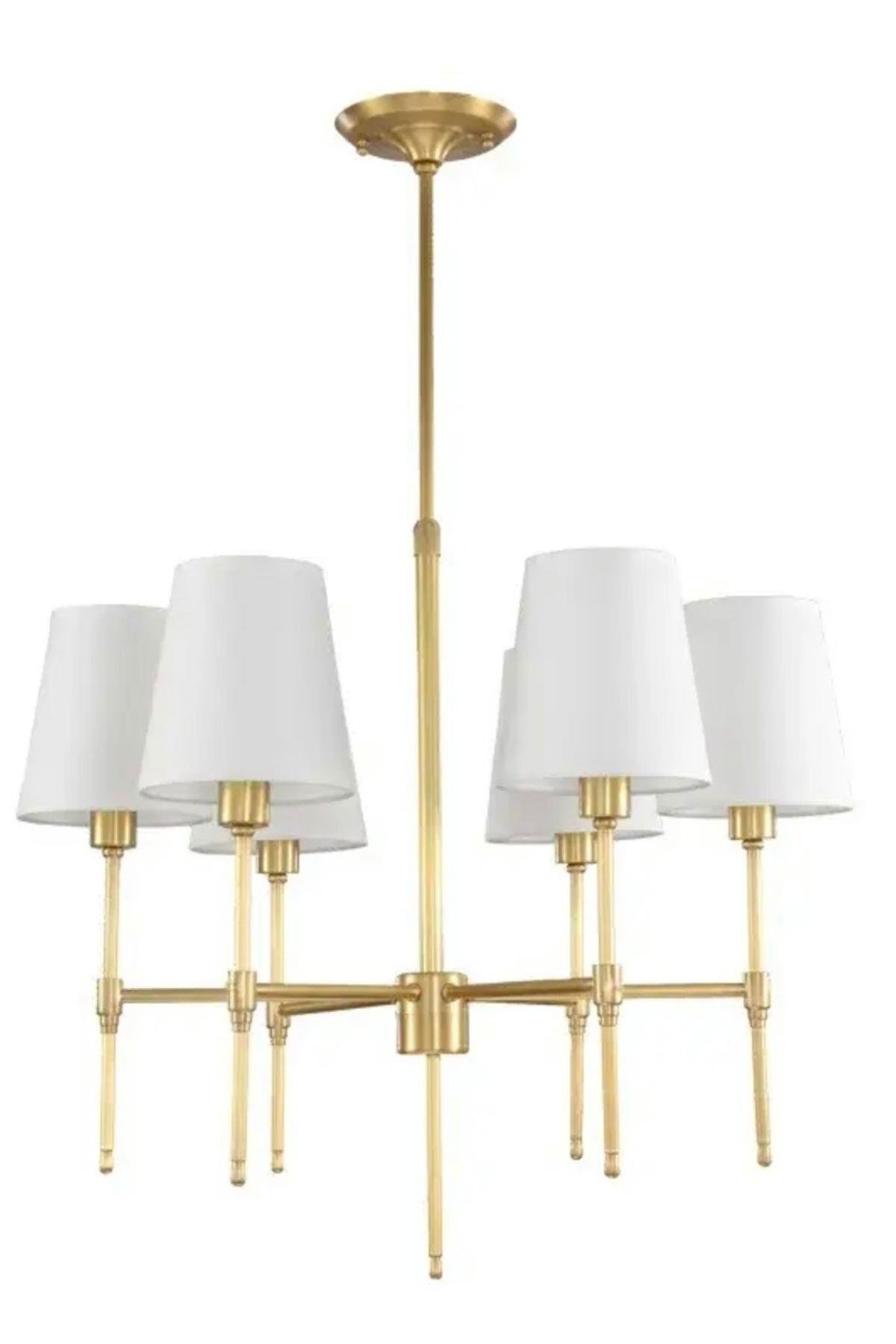 Modern Avize 6 lı Eskitme Gold Avize Krem Abajur Şık Görsellik Katar