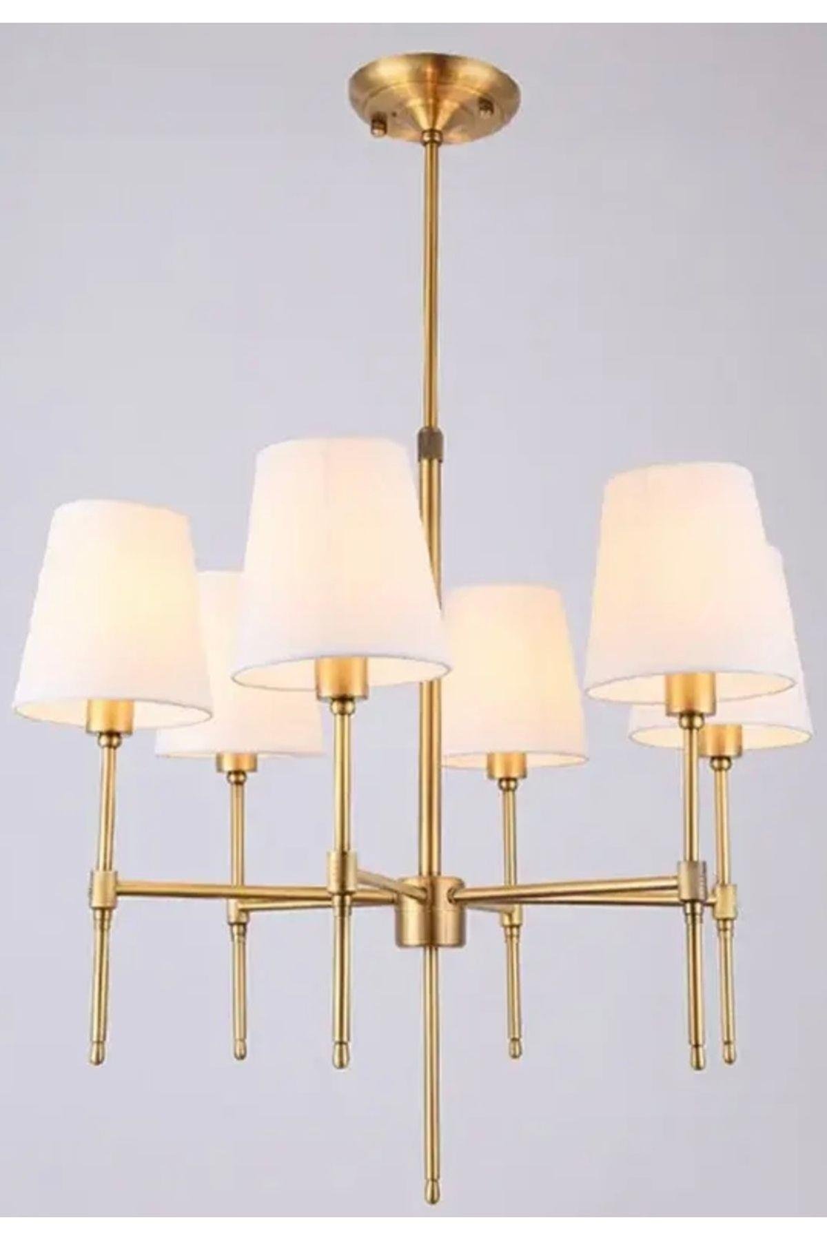 Modern Avize 6 lı Eskitme Gold Avize Krem Abajur Şık Görsellik Katar