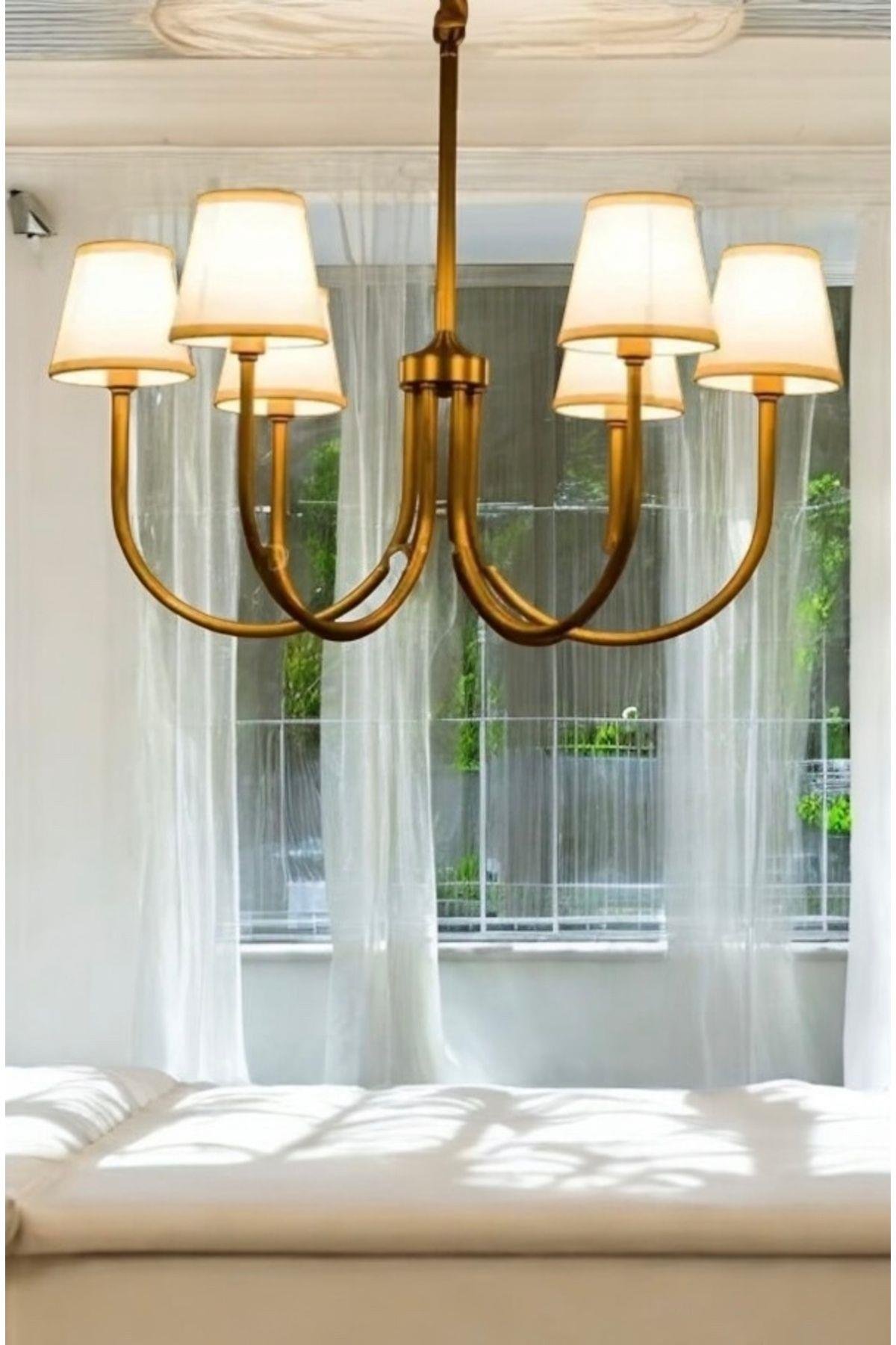 Modern Avize Eskitme Gold 6 lı Krem Abajur Tasarım Avize