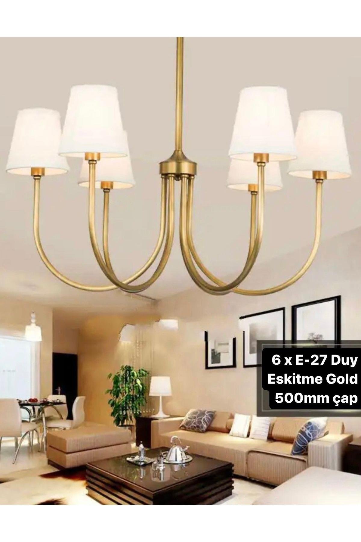 Modern Avize Eskitme Gold 6 lı Krem Abajur Tasarım Avize