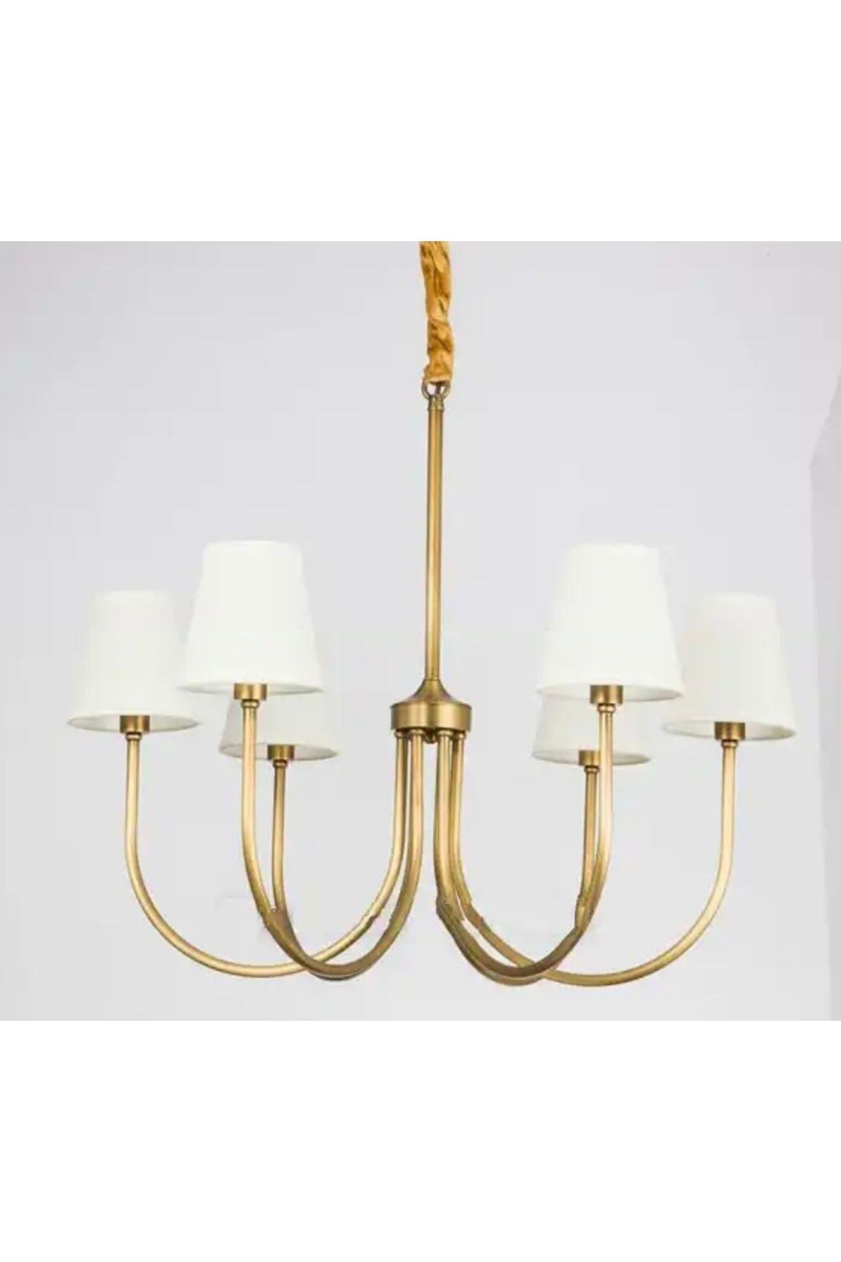 Modern Avize Eskitme Gold 6 lı Krem Abajur Tasarım Avize