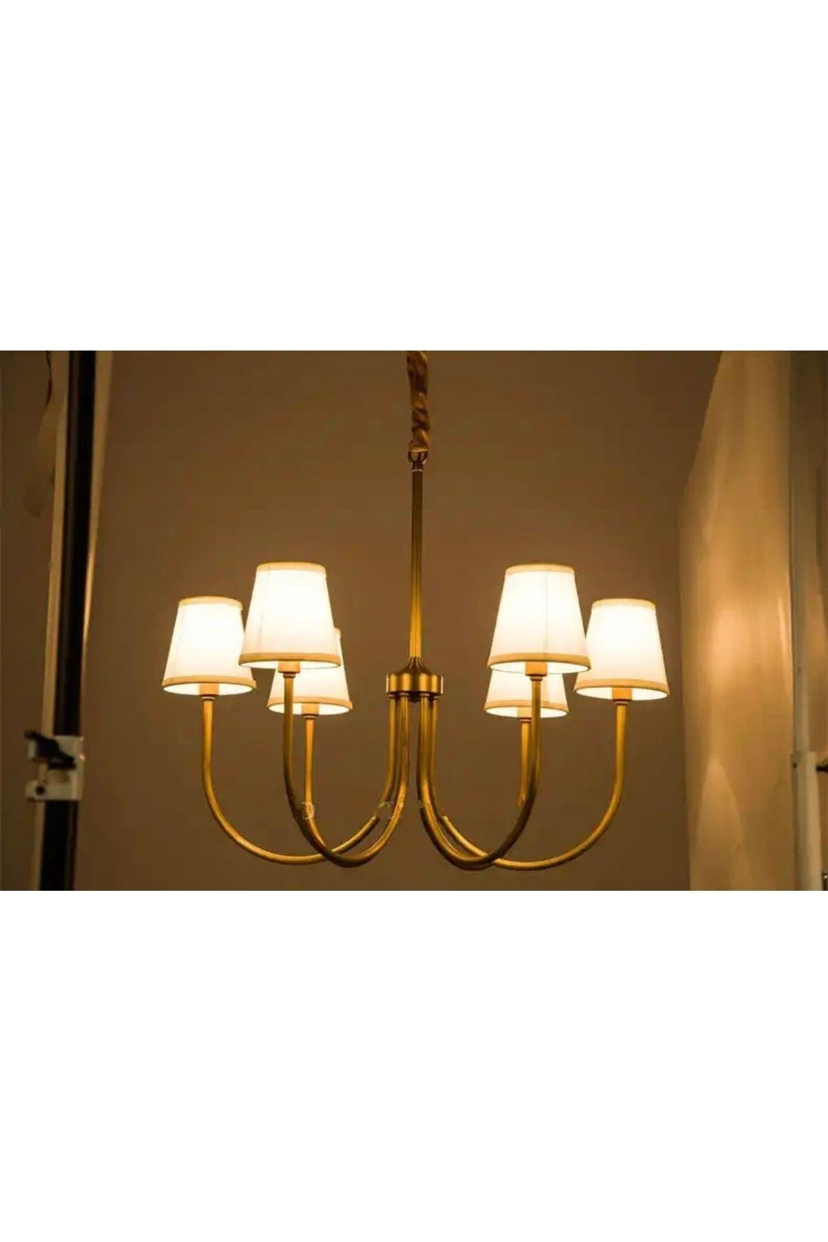 Modern Avize Eskitme Gold 6 lı Krem Abajur Tasarım Avize
