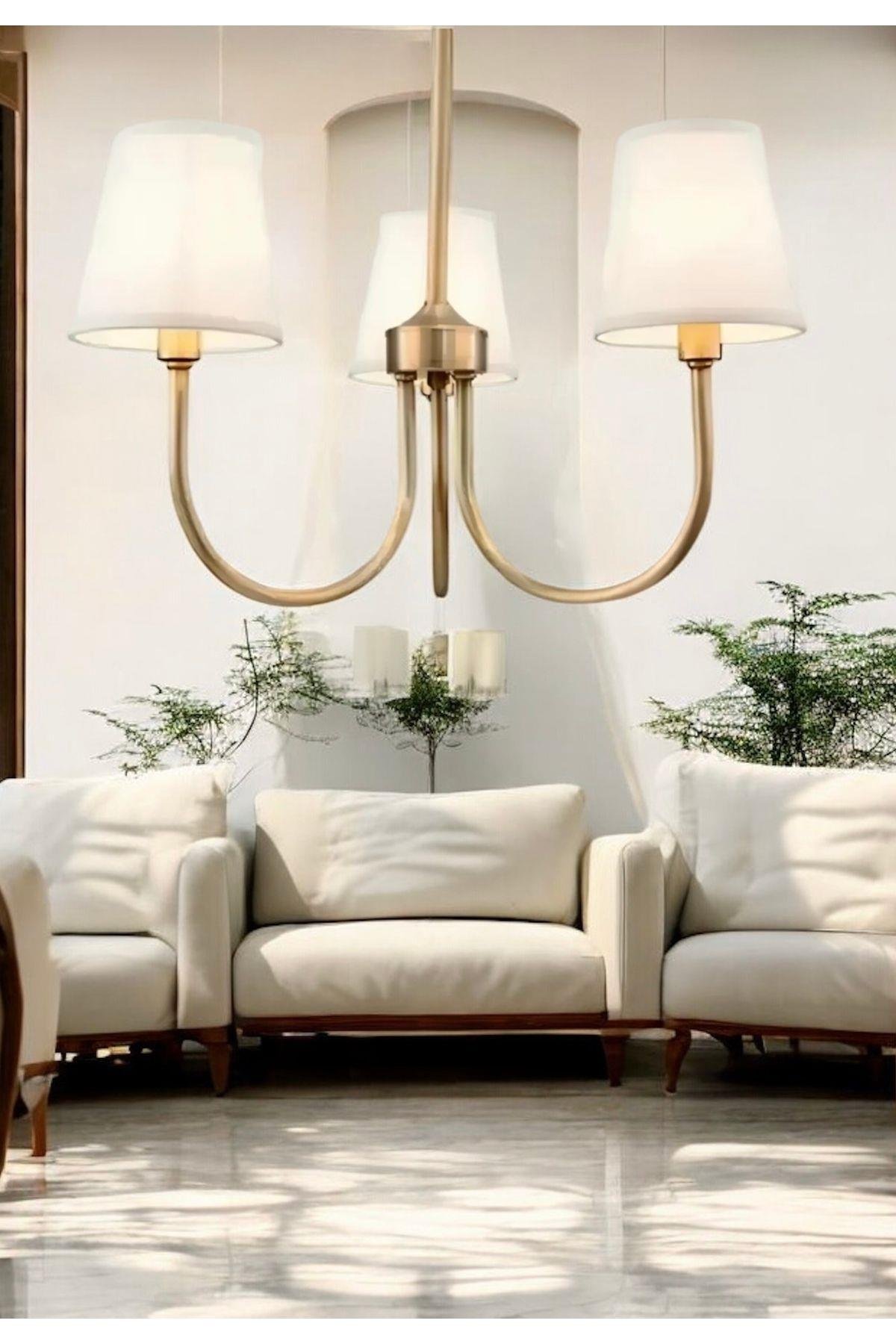Modern Avize Eskitme Gold Sarı Avize 3 kollu Krem Şapkalı E-27 Duy