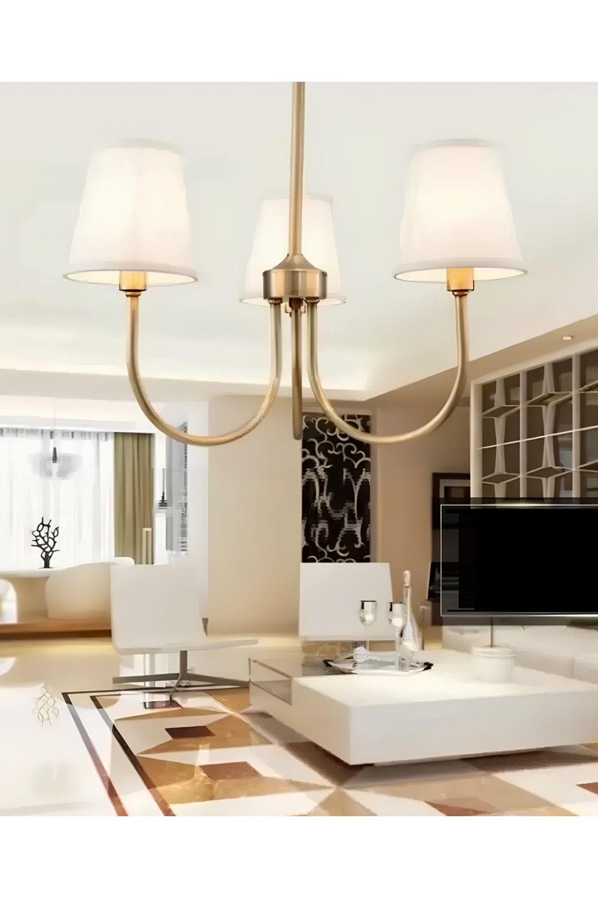 Modern Avize Eskitme Gold Sarı Avize 3 kollu Krem Şapkalı E-27 Duy