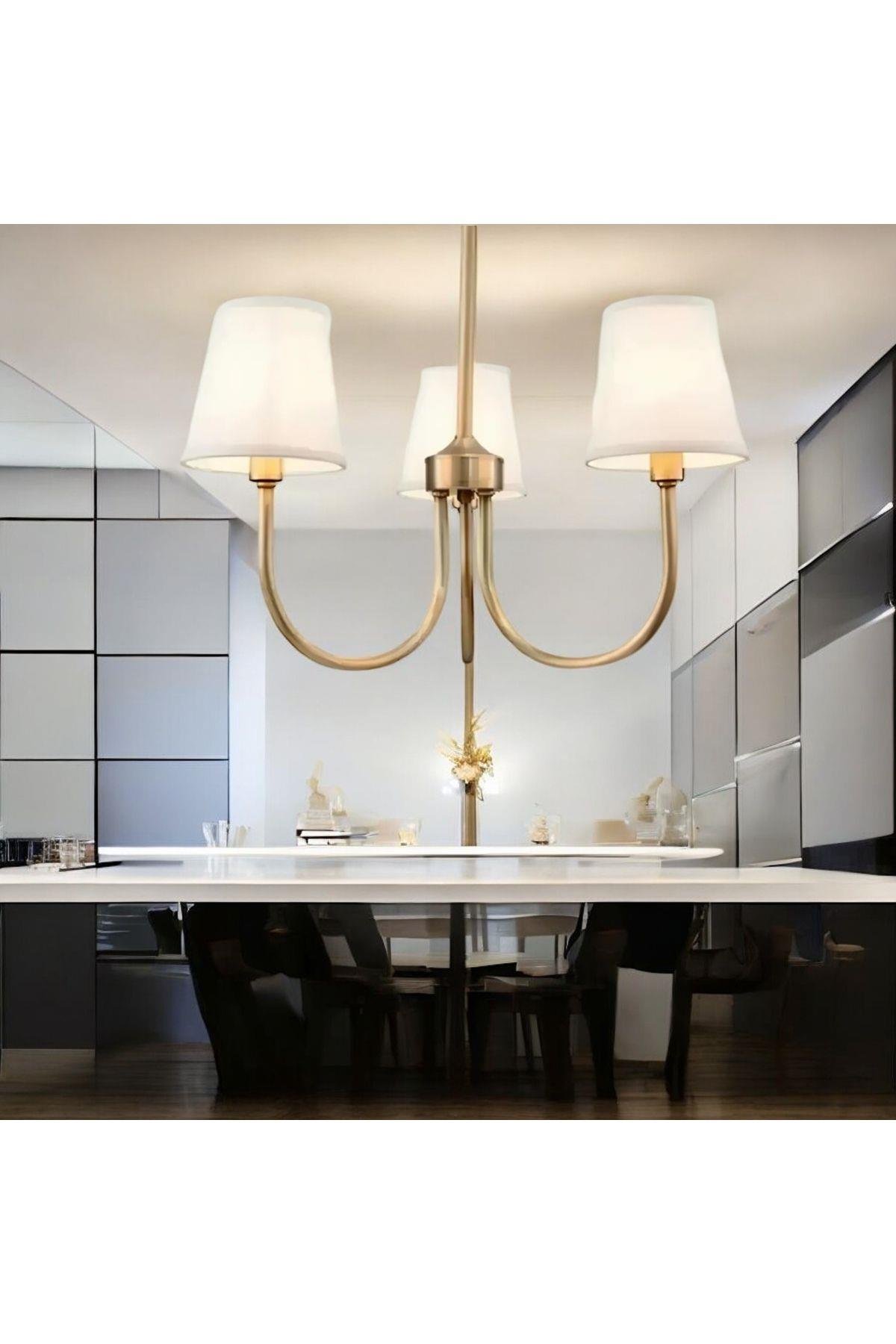 Modern Avize Eskitme Gold Sarı Avize 3 kollu Krem Şapkalı E-27 Duy