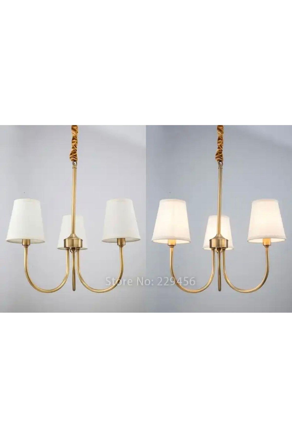 Modern Avize Eskitme Gold Sarı Avize 3 kollu Krem Şapkalı E-27 Duy