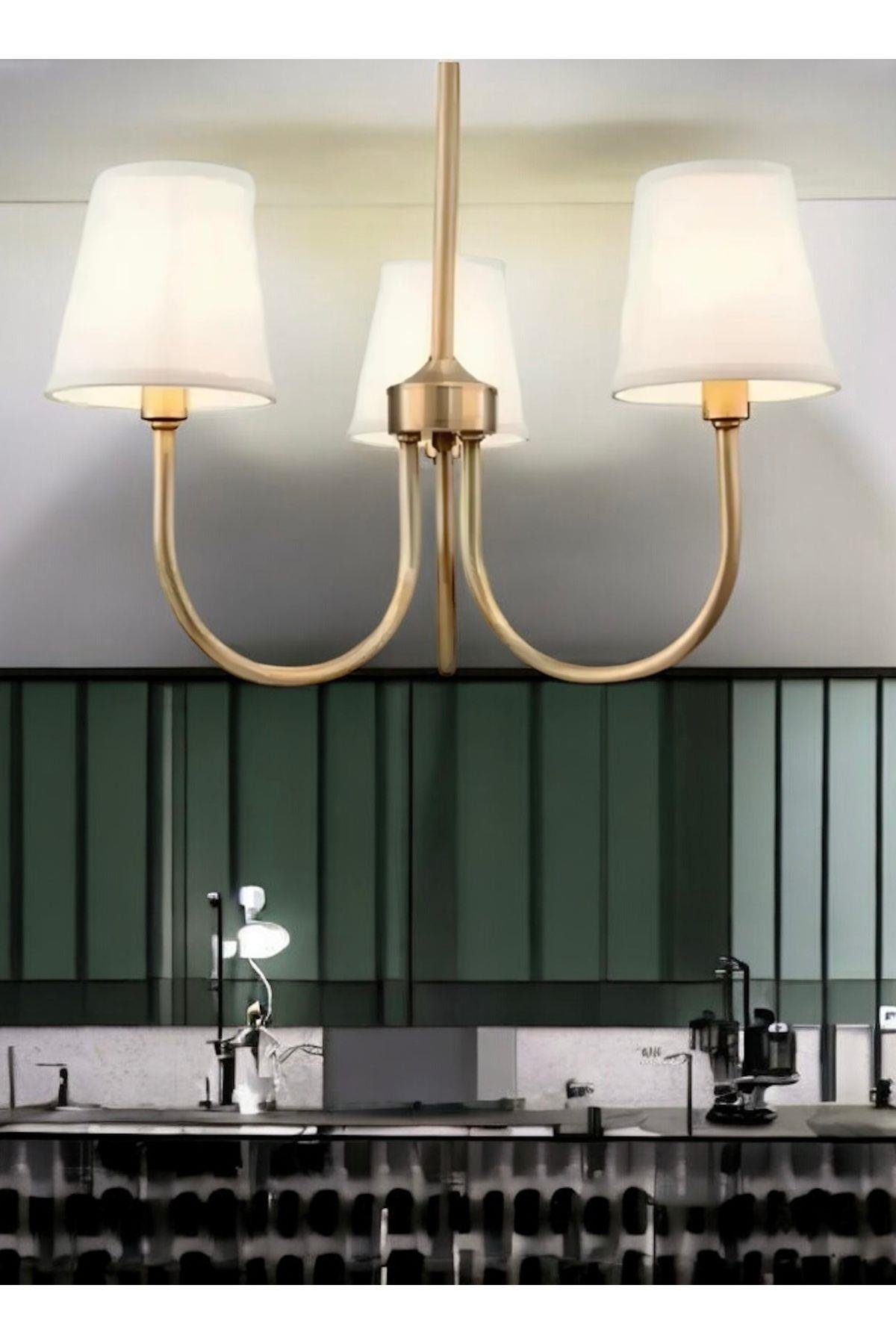 Modern Avize Eskitme Gold Sarı Avize 3 kollu Krem Şapkalı E-27 Duy