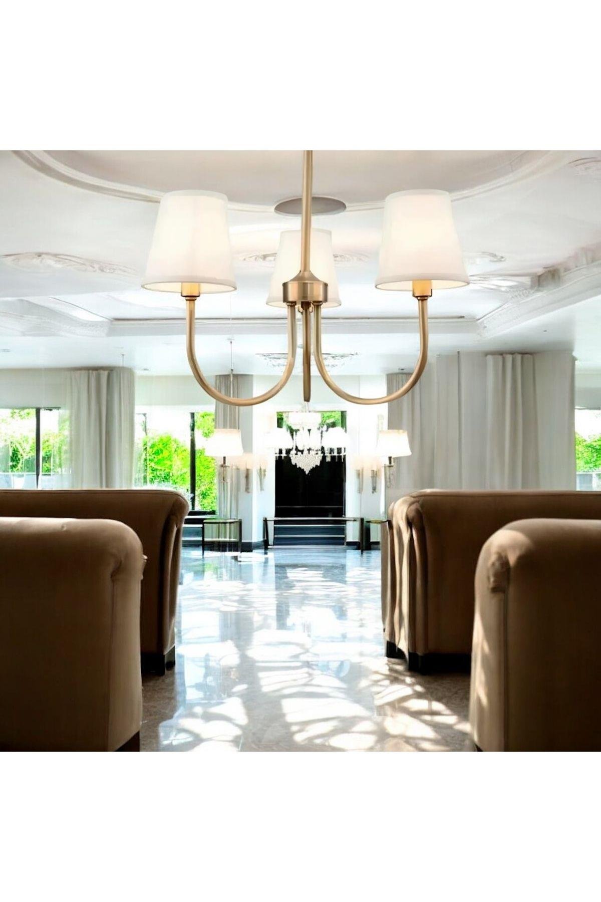 Modern Avize Eskitme Gold Sarı Avize 3 kollu Krem Şapkalı E-27 Duy