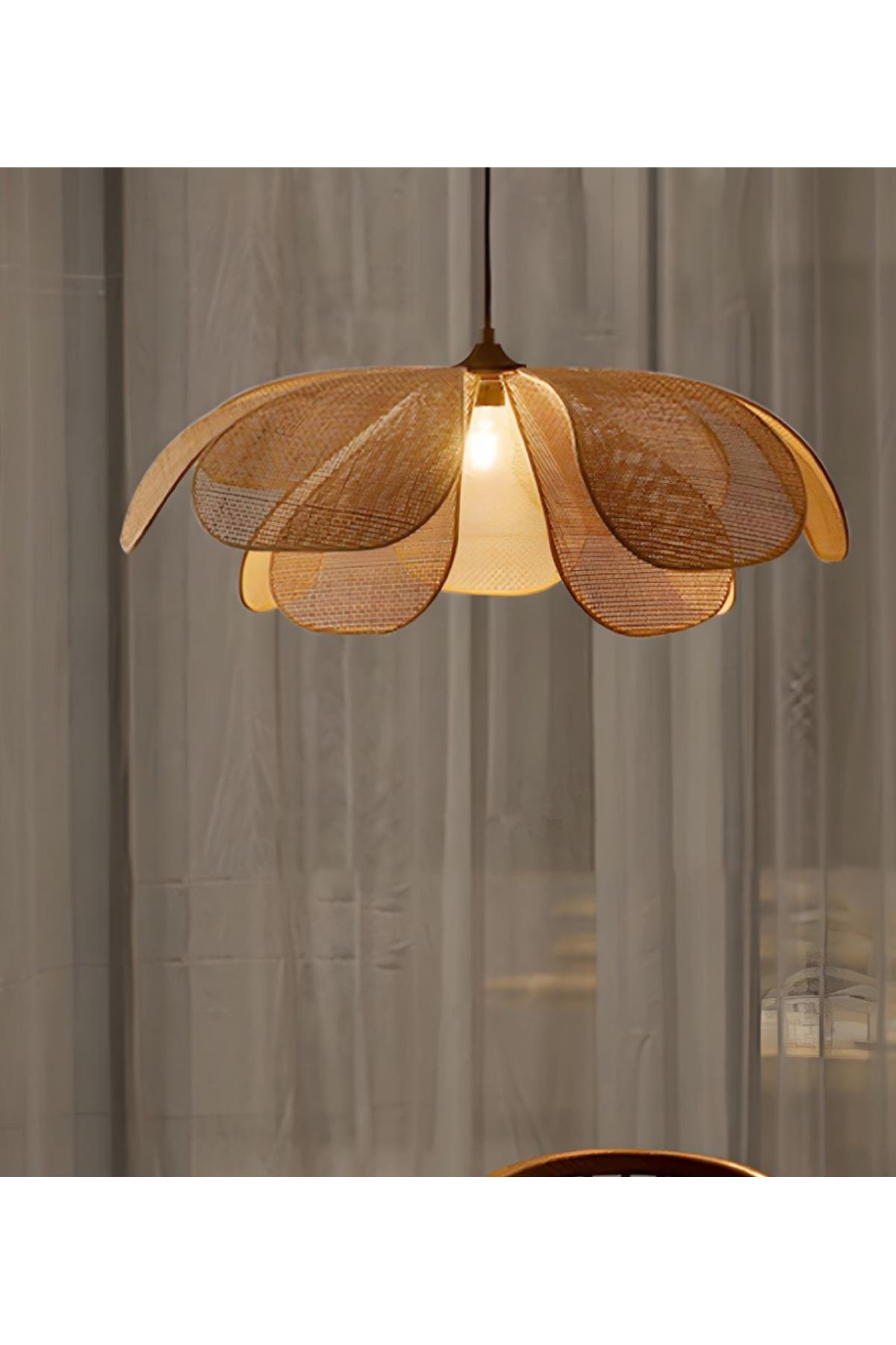 Modern Bohem El Yapımı Orijinal Hasır Bambu Rose Çiçek Sarkıt Avize