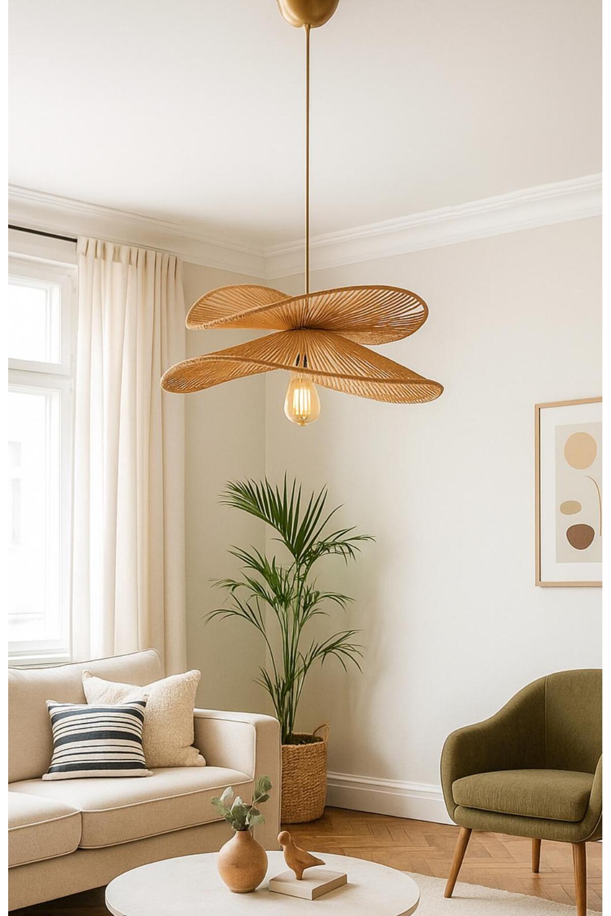 Modern Boheme Rustik Hasır Sarkıt Avize Salon Yatak Odası Avize Rattan Avize
