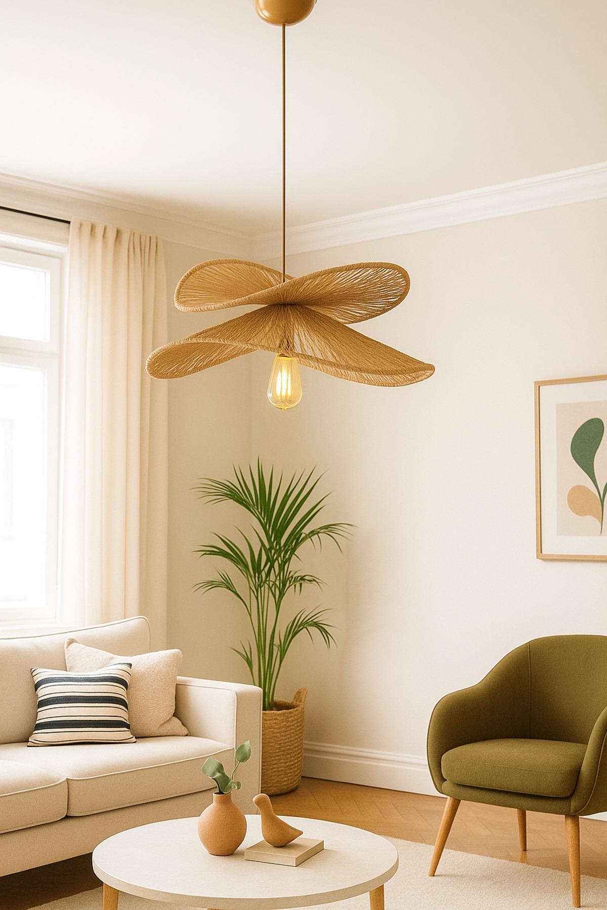 Modern Boheme Rustik Hasır Sarkıt Avize Salon Yatak Odası Avize Rattan Avize
