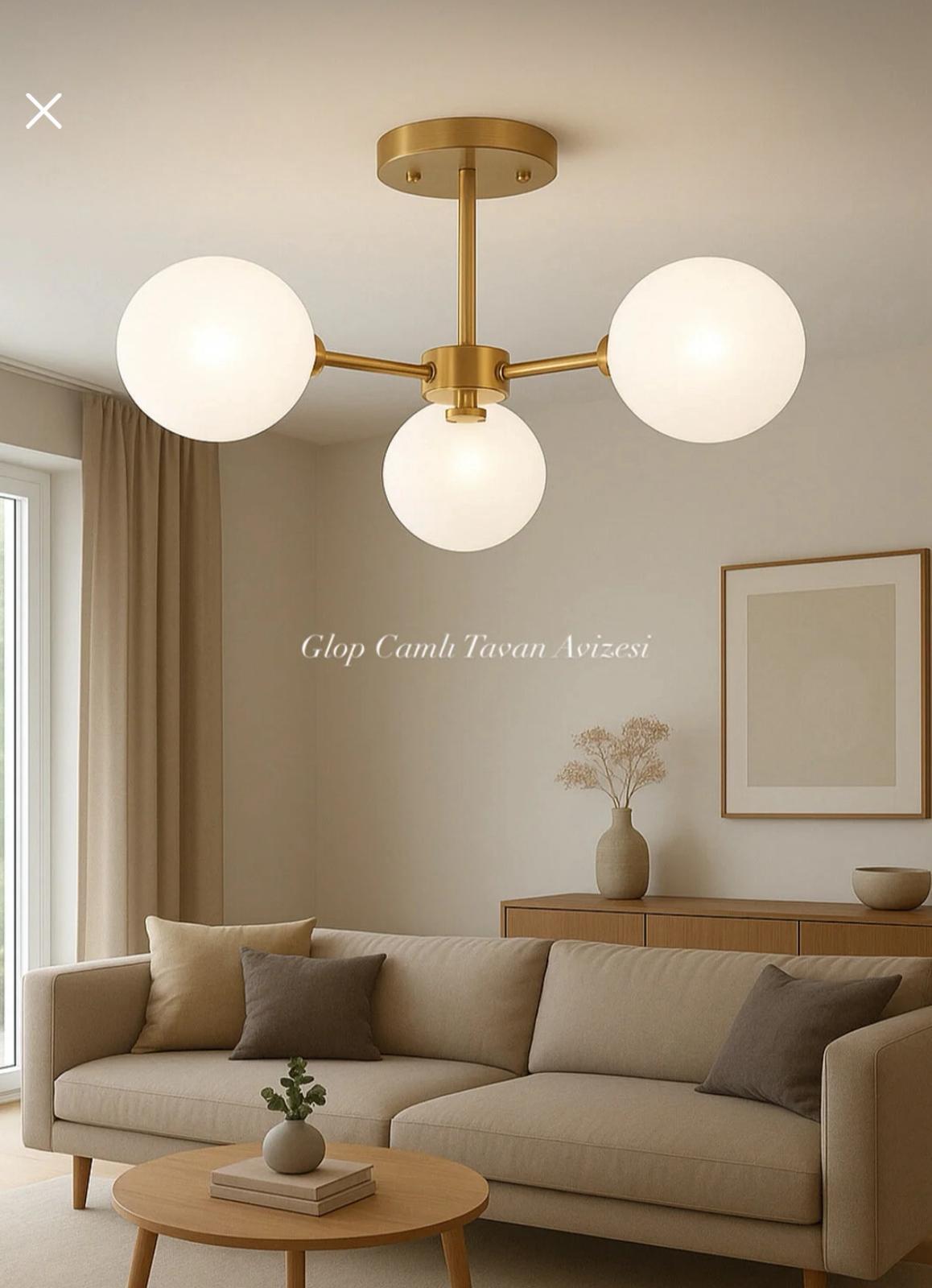 Modern Camlı Avize Beyaz Mat Glop Camlı Salon Avizesi 3 lü Sarkıt Avize