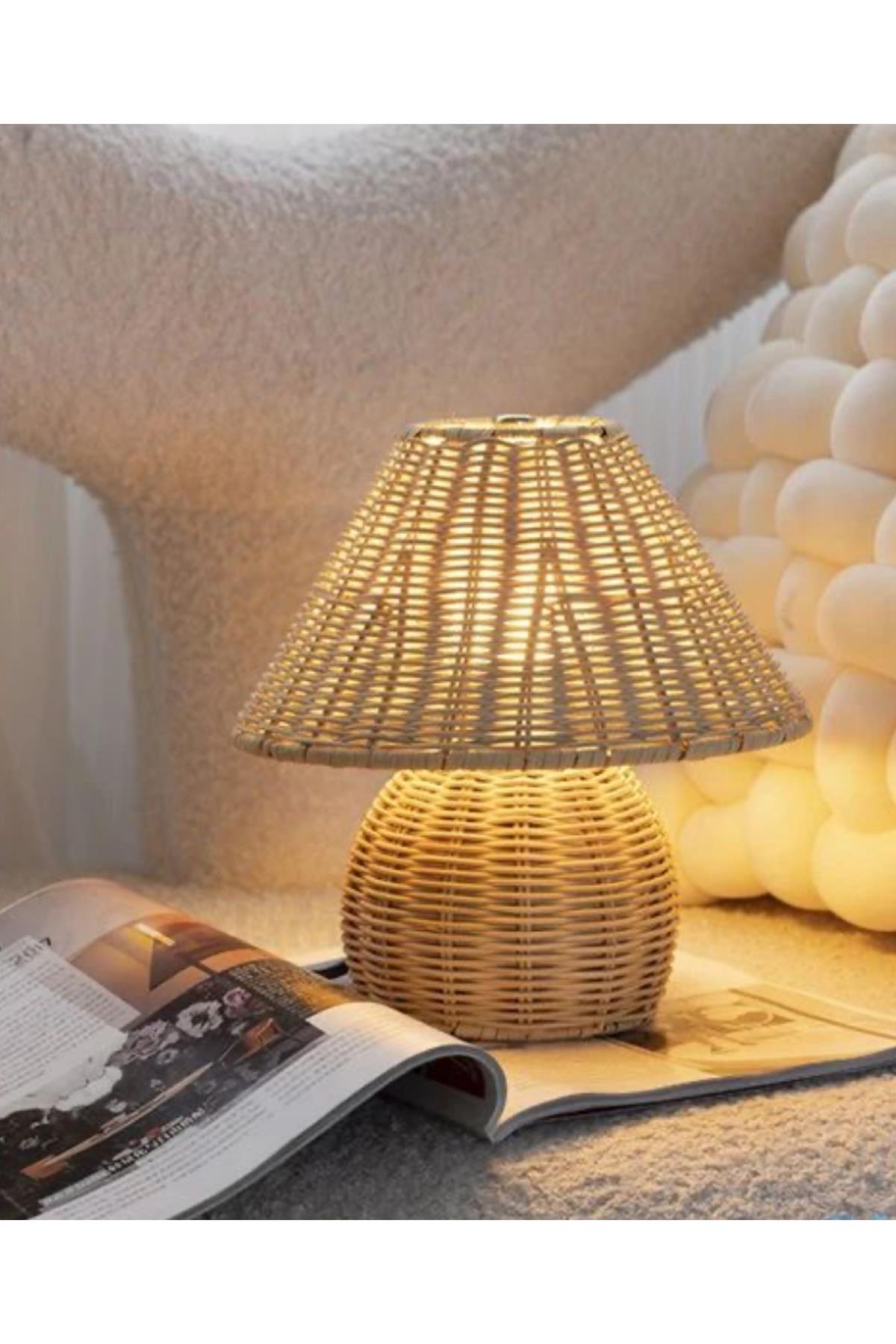 Modern Charlie Rattan Hasır Şapka Abajur İskandinav Bohem Rattan Hasır Abajur Masa Lambası