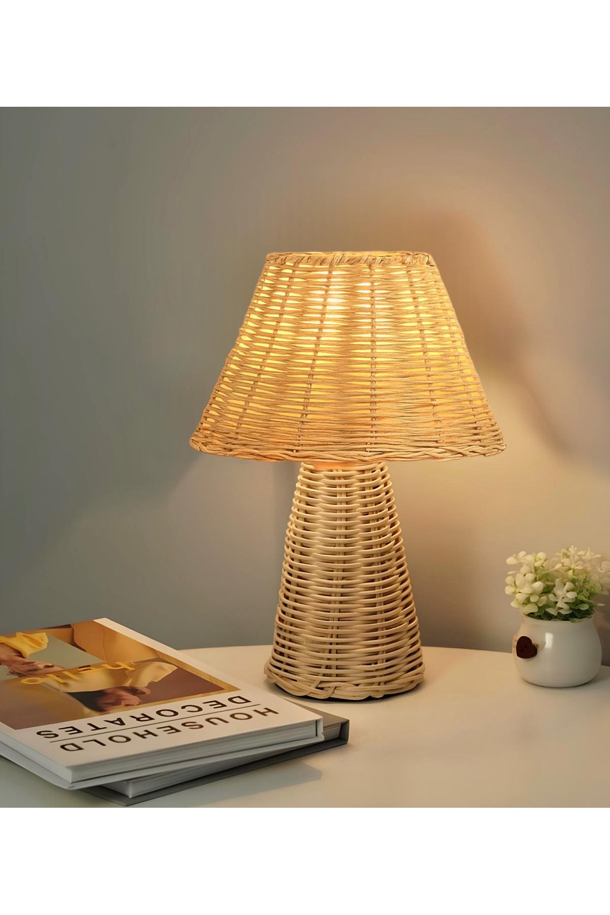 Modern Charlie Rattan Hasır Şapka Abajur İskandinav Bohem Rattan Hasır Abajur Masa Lambası