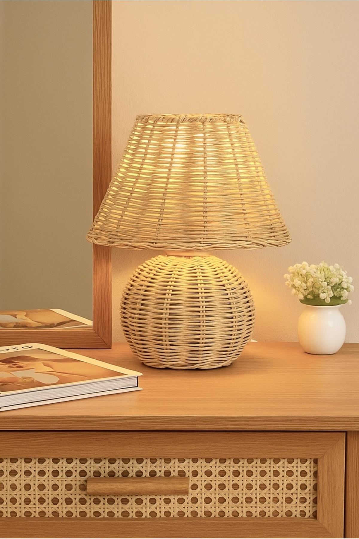 Modern Charlie Rattan Hasır Şapka Abajur İskandinav Bohem Rattan Hasır Abajur Masa Lambası