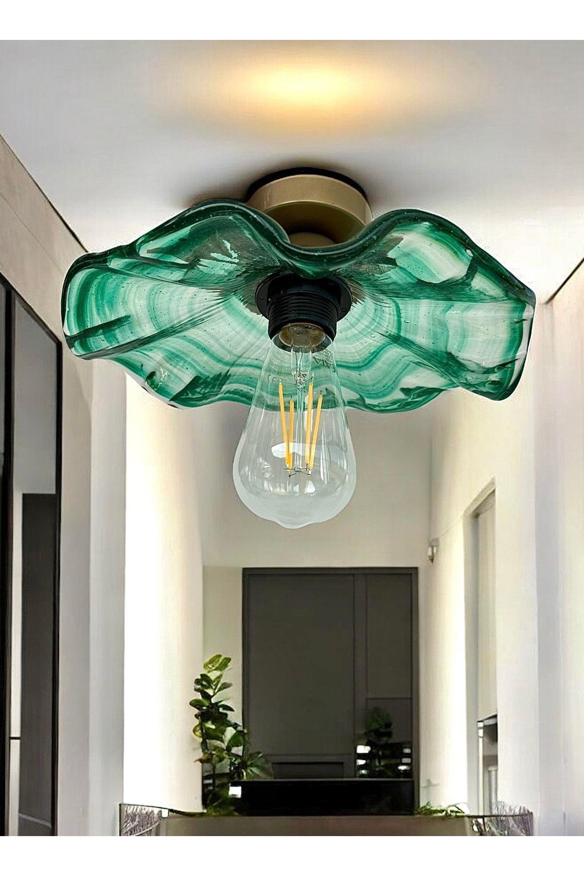 Modern Classic CAm Avize Yeşil Renkli Kristal Cam Flower Çiçek Tekli Tavan Avize