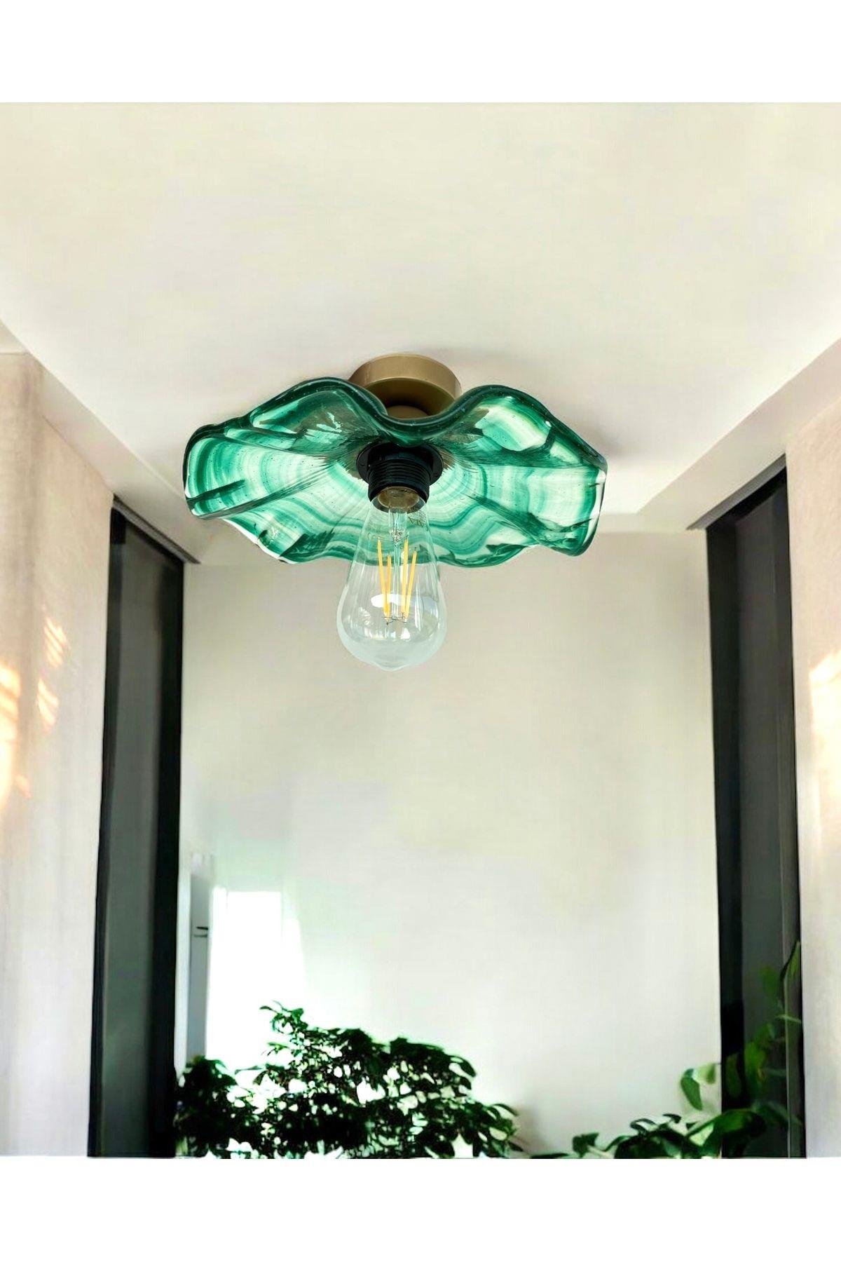 Modern Classic CAm Avize Yeşil Renkli Kristal Cam Flower Çiçek Tekli Tavan Avize