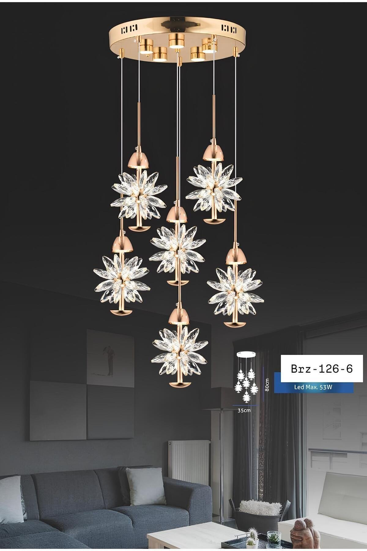 Modern Crystal Led Sarkıt Avize Kristal Taşlı 6 lı Ledli Avize Gold Sarı Gün Işığı