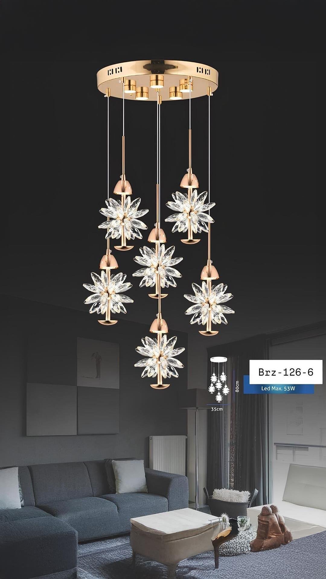 Modern Crystal Led Sarkıt Avize Kristal Taşlı 6 lı Ledli Avize Gold Sarı Gün Işığı
