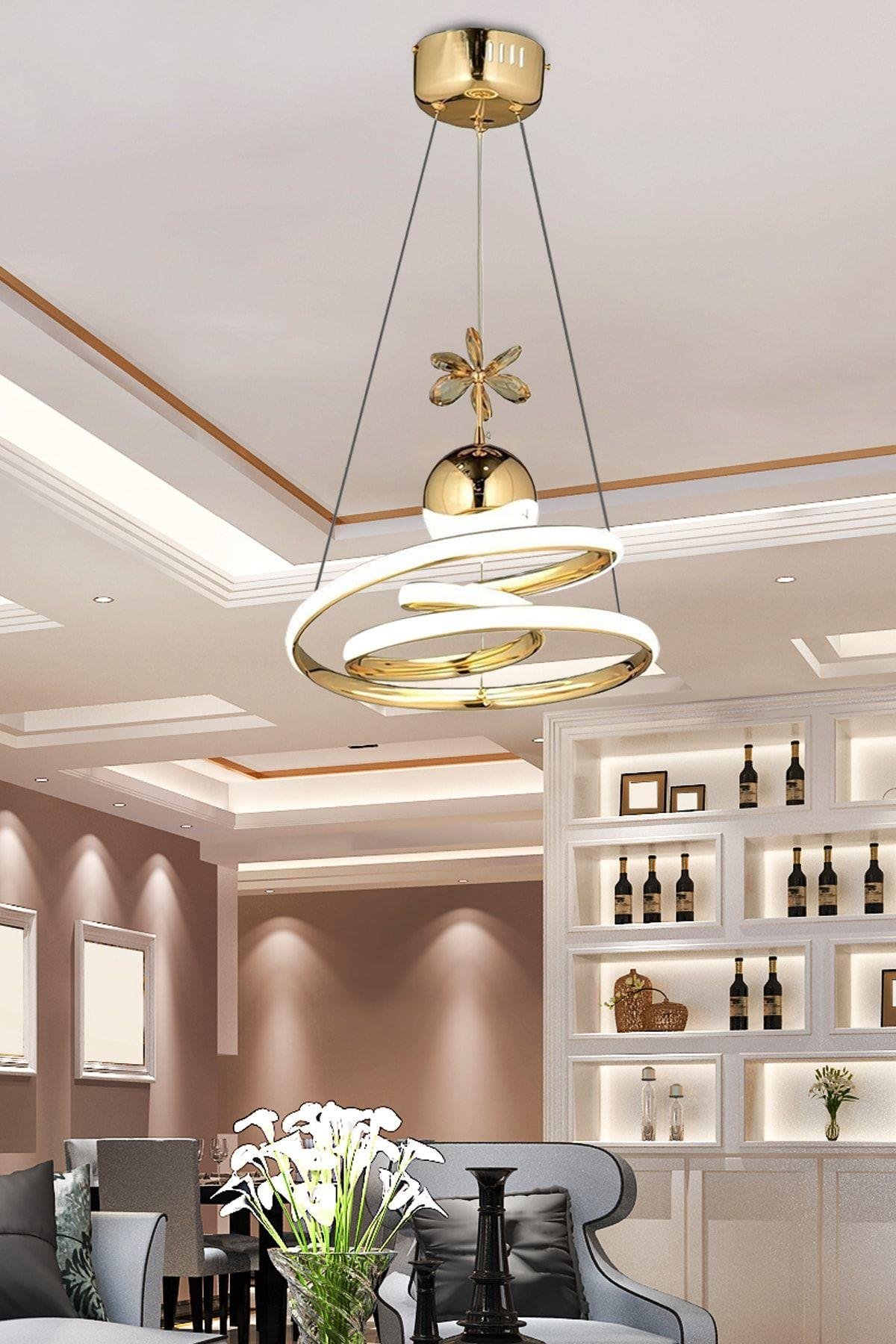 Modern Dimmer Özellikli 3 Renk Işıklı Kumandalı Led Avize Gold Sarı Tekli Ledli Avize