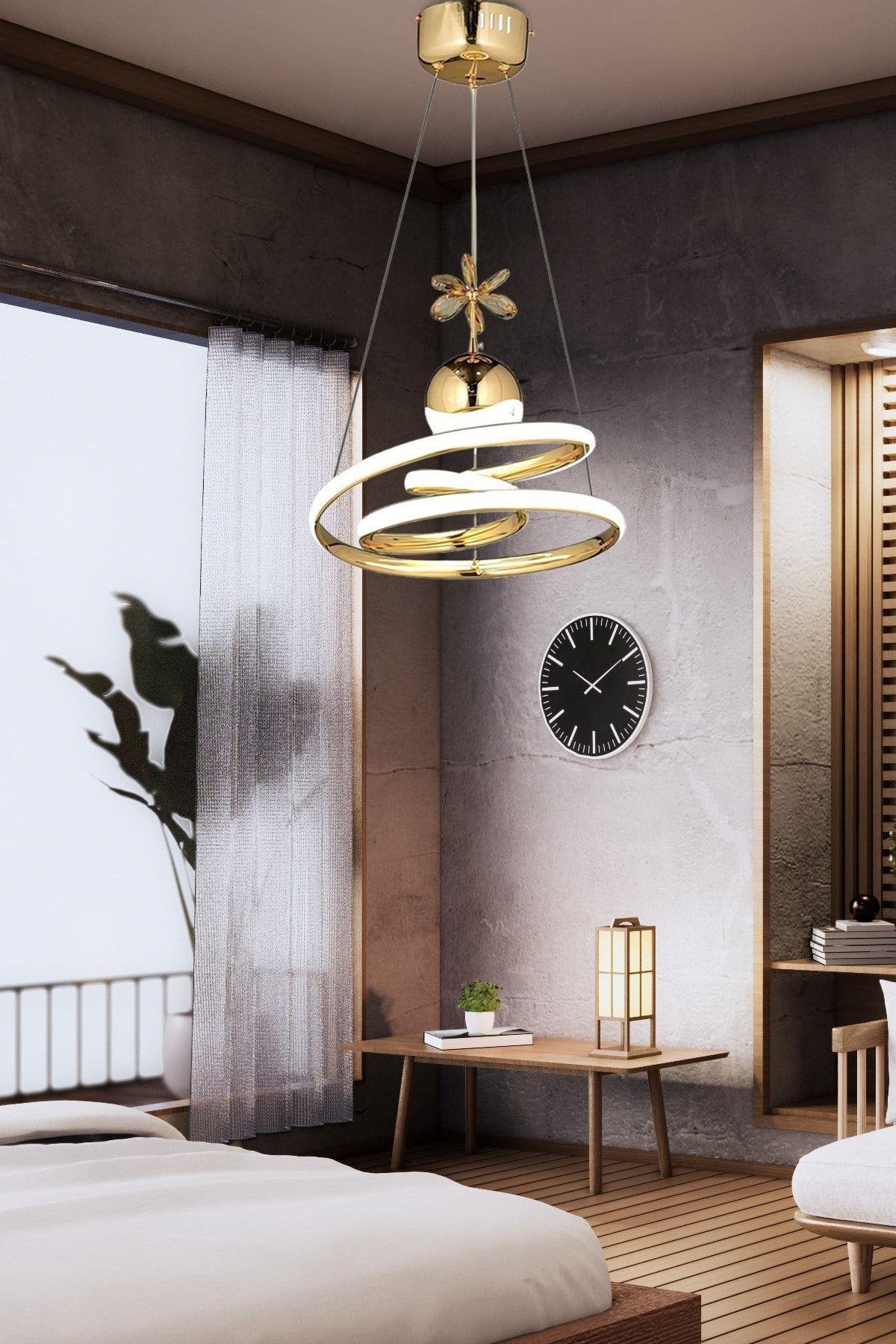 Modern Dimmer Özellikli 3 Renk Işıklı Kumandalı Led Avize Gold Sarı Tekli Ledli Avize