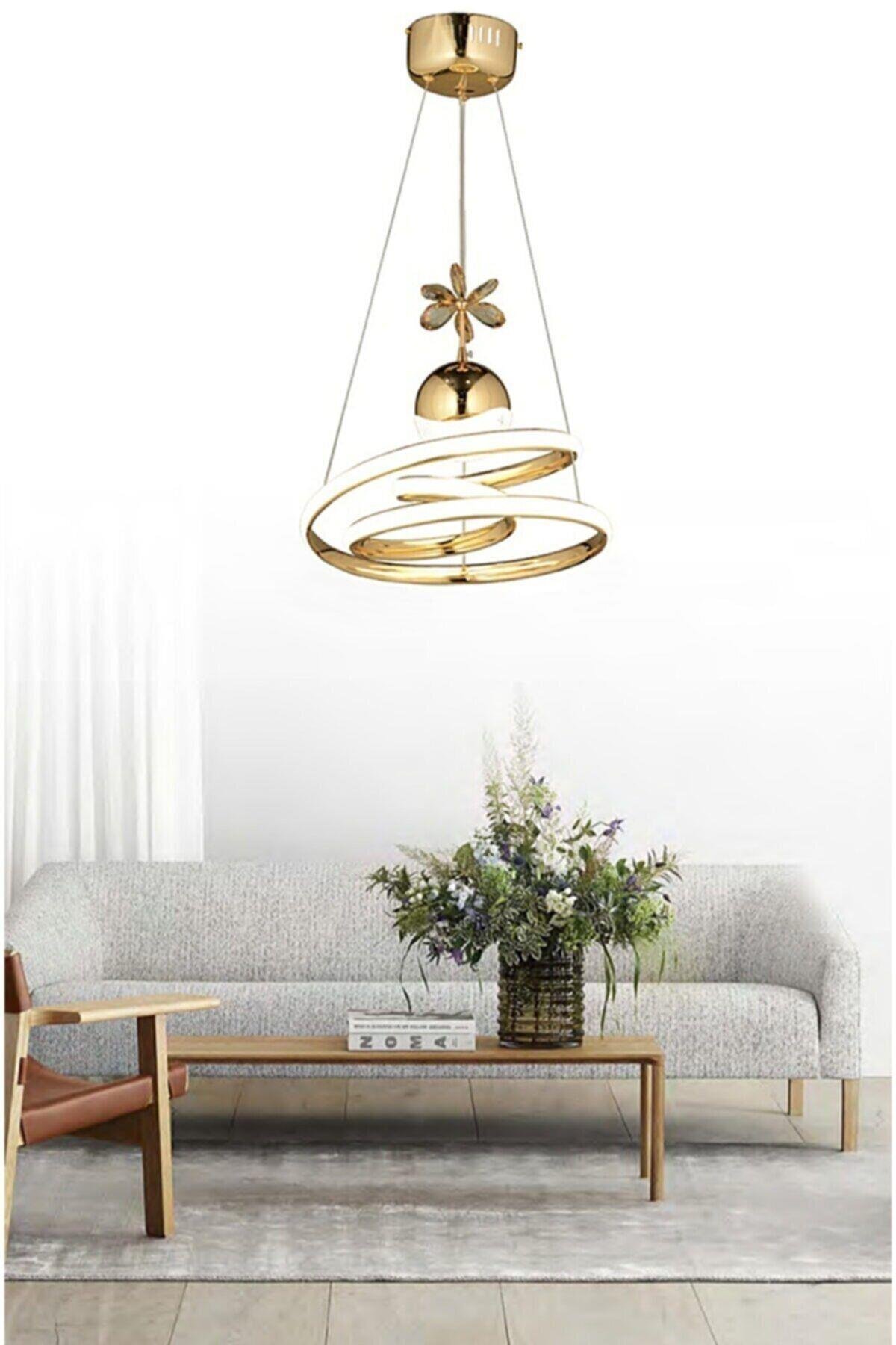 Modern Dimmer Özellikli 3 Renk Işıklı Kumandalı Led Avize Gold Sarı Tekli Ledli Avize