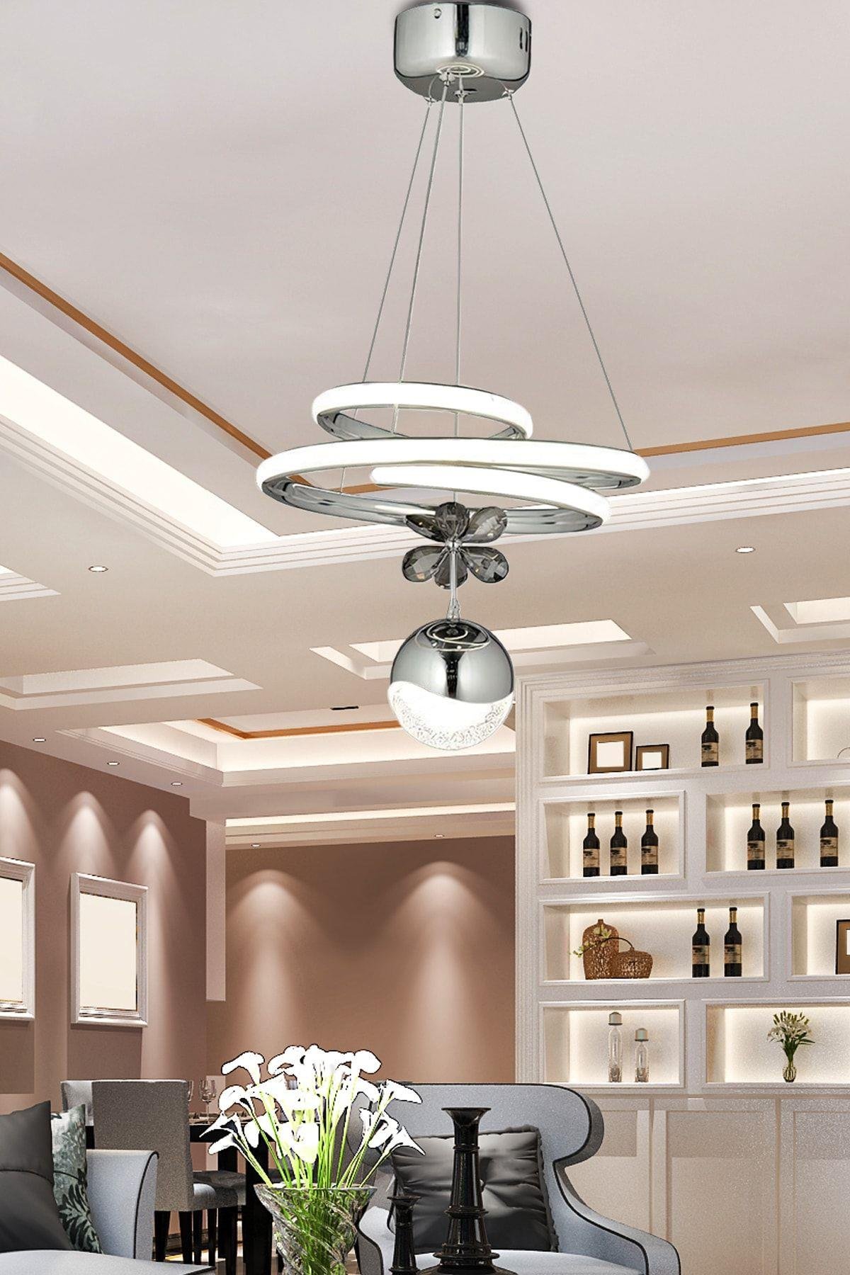 Modern Dimmer Özellikli Kumandalı 3 Renk Işıklı Led Avize Krom