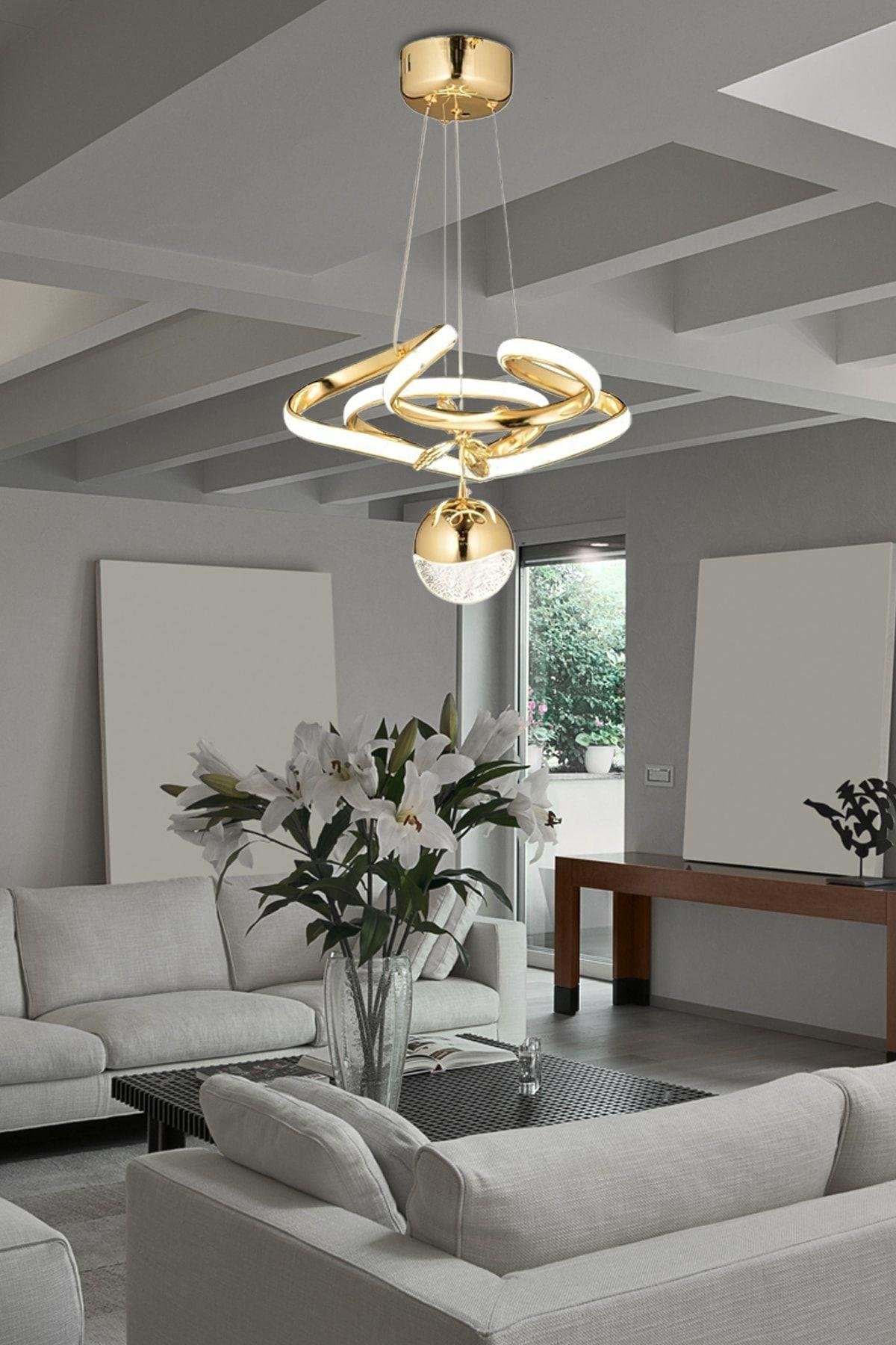 Modern Dimmerli 3 Renk Kumandalı Salon Mutfak Oturma Odası Avize Gold Sarı Led Avize