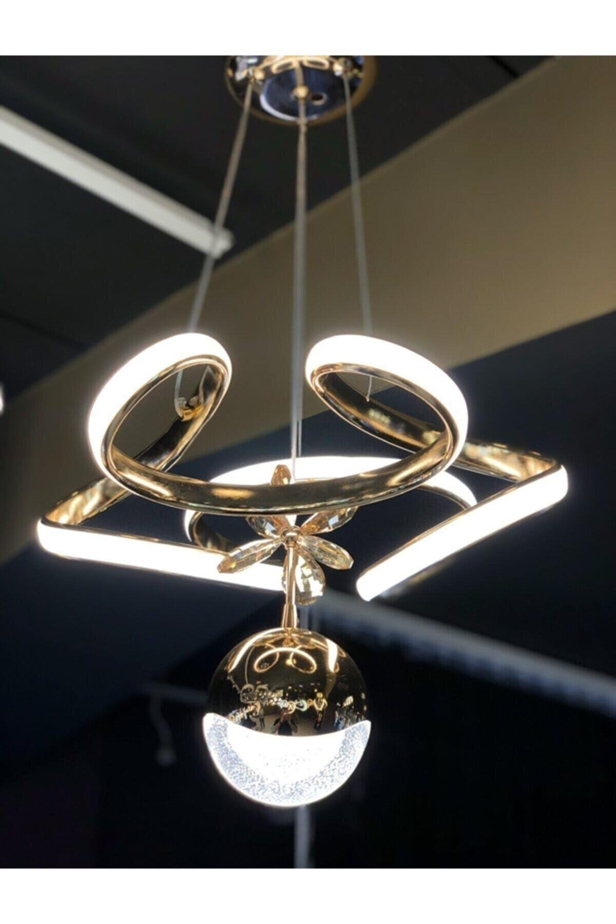 Modern Dimmerli 3 Renk Kumandalı Salon Mutfak Oturma Odası Avize Gold Sarı Led Avize