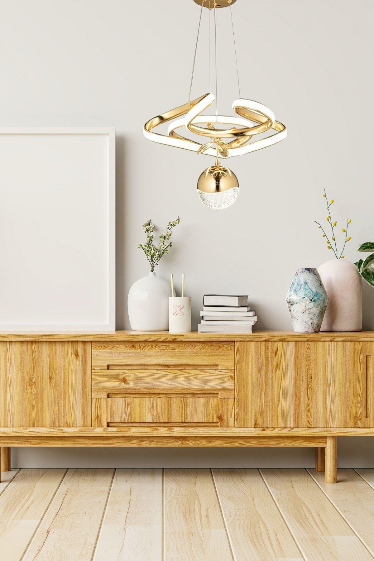 Modern Dimmerli 3 Renk Kumandalı Salon Mutfak Oturma Odası Avize Gold Sarı Led Avize