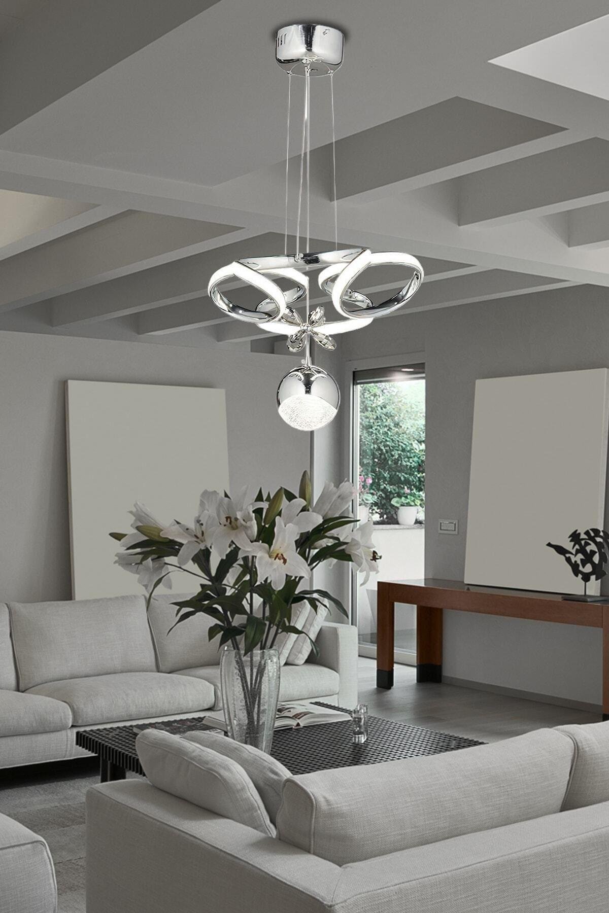 Modern Dimmerli Kumandalı 3 Renk Salon Mutfak Oturma Odası Avize Sarkıt Led Avize Krom