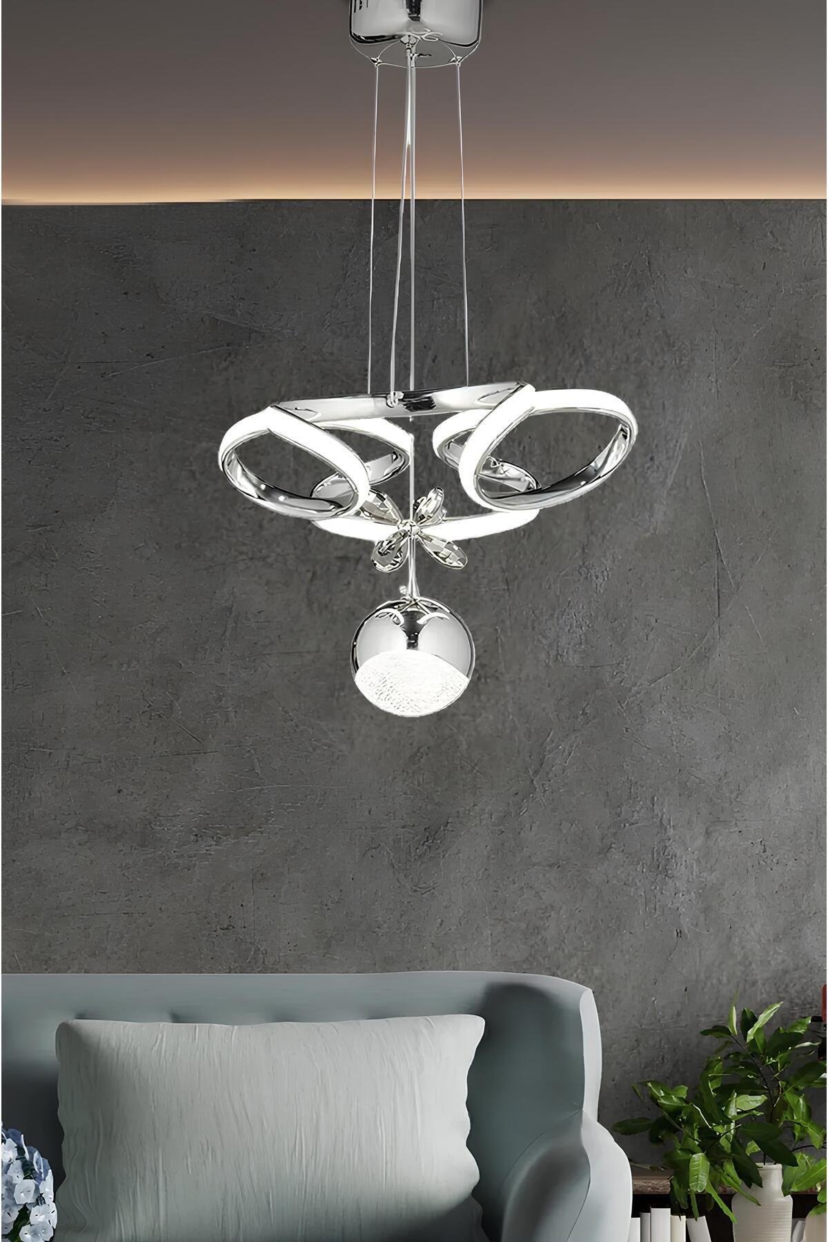 Modern Dimmerli Kumandalı 3 Renk Salon Mutfak Oturma Odası Avize Sarkıt Led Avize Krom